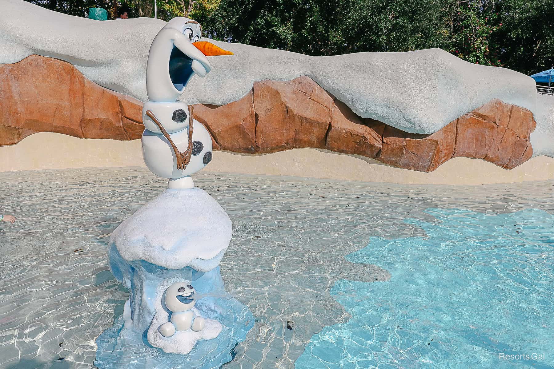 Olaf in a water splash area at Blizzard Beach 