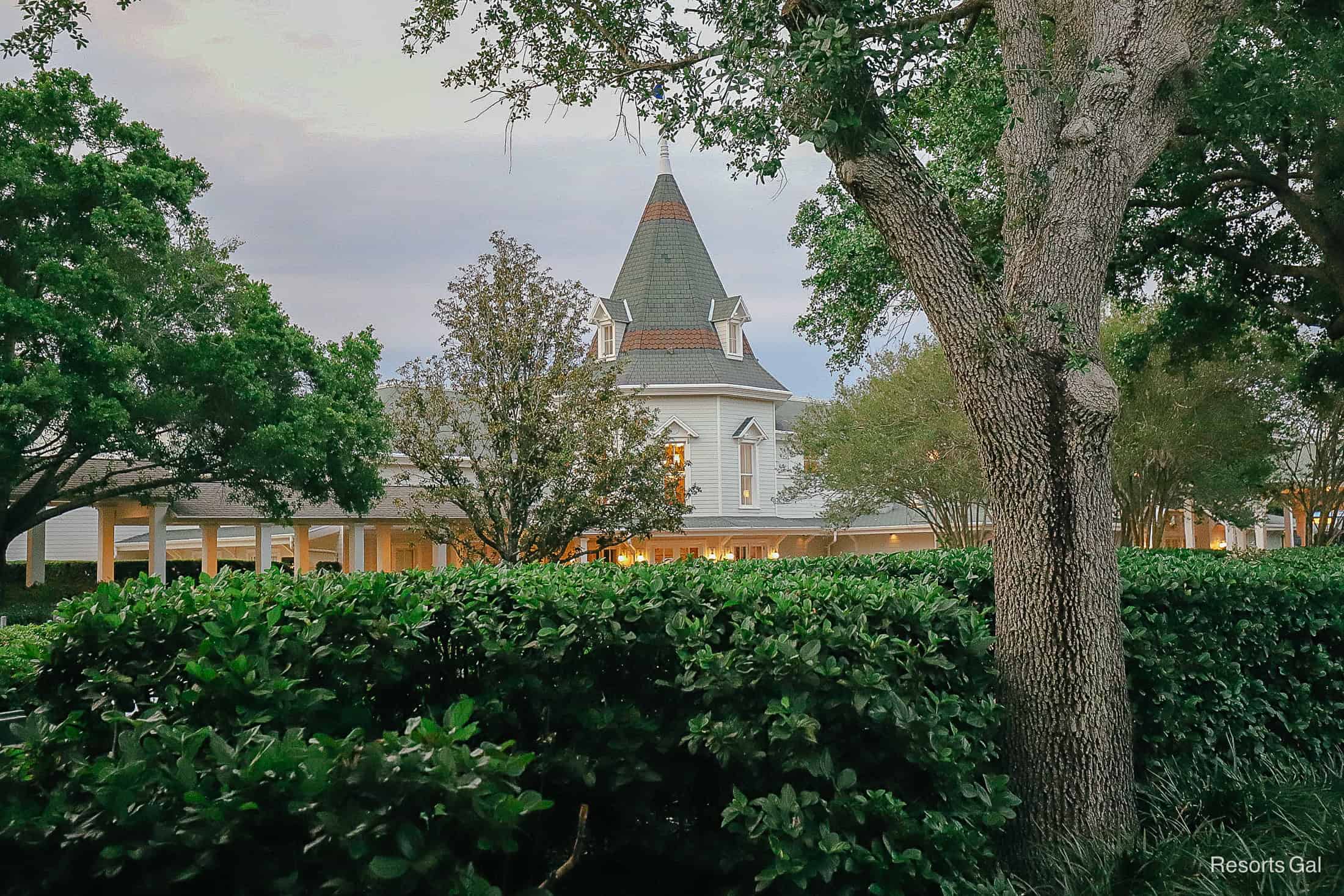 a look at the convention center at Disney's Boardwalk through the trees