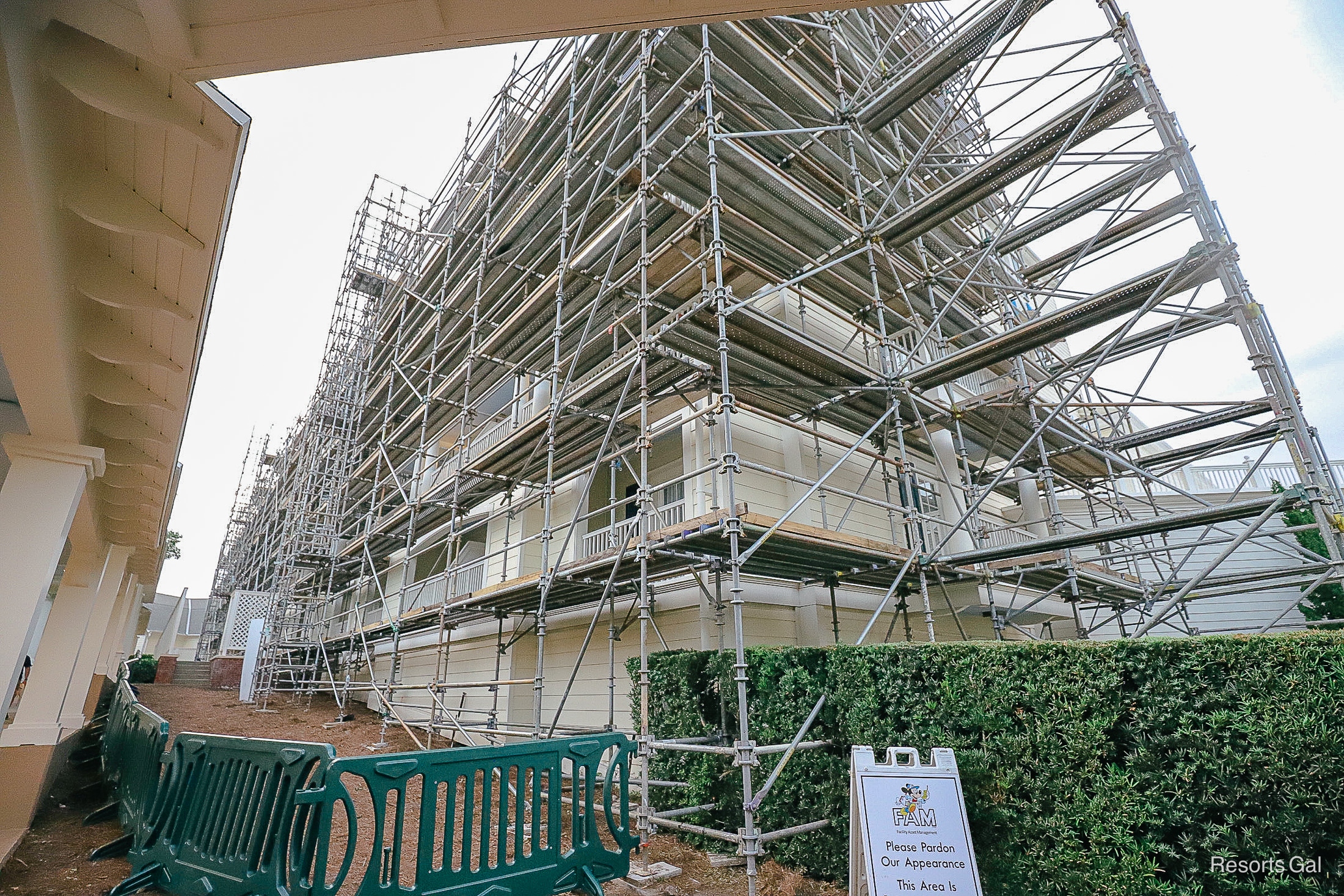 a large area of Disney's Boardwalk Inn covered in scaffolding 