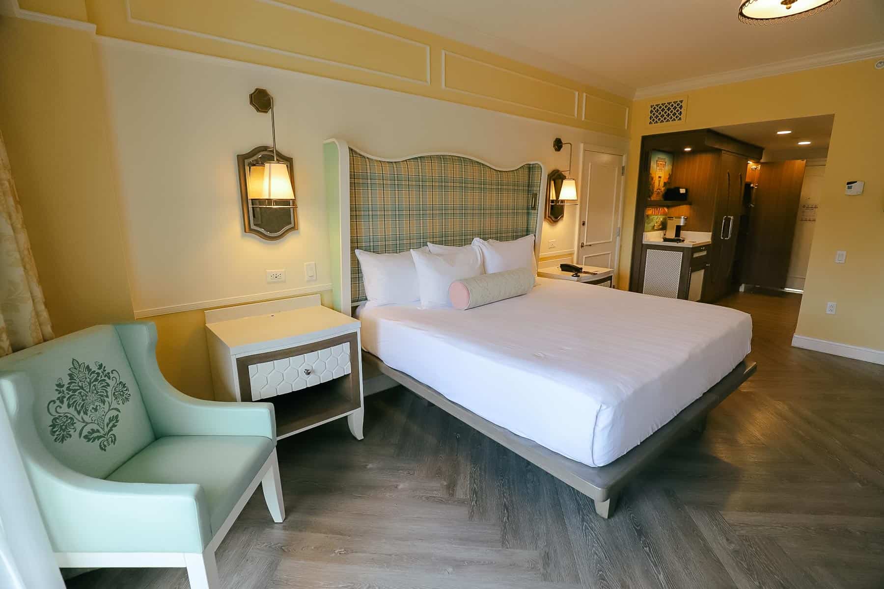 a newly updated room at Disney's Boardwalk Inn with a king-size bed