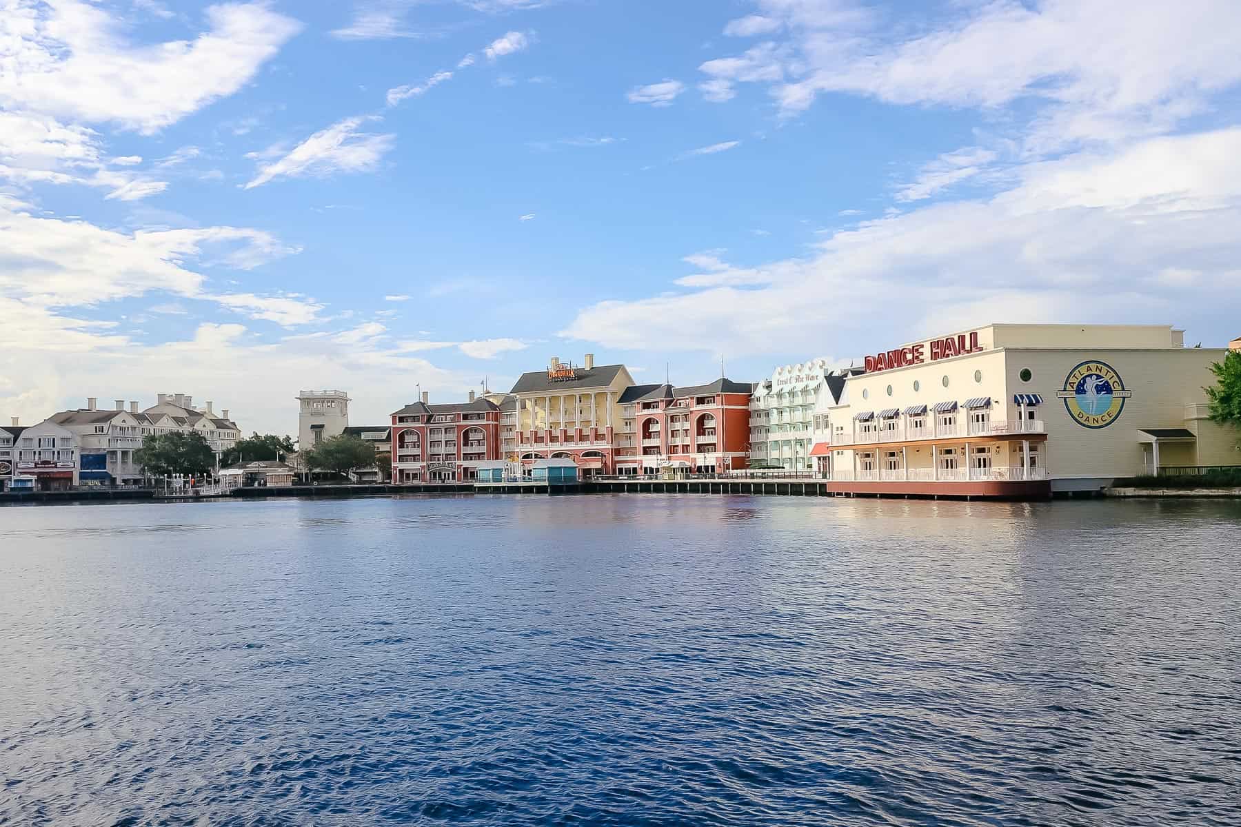 a view of Disney's Boardwalk from across Crescent Lake at Beach Club 