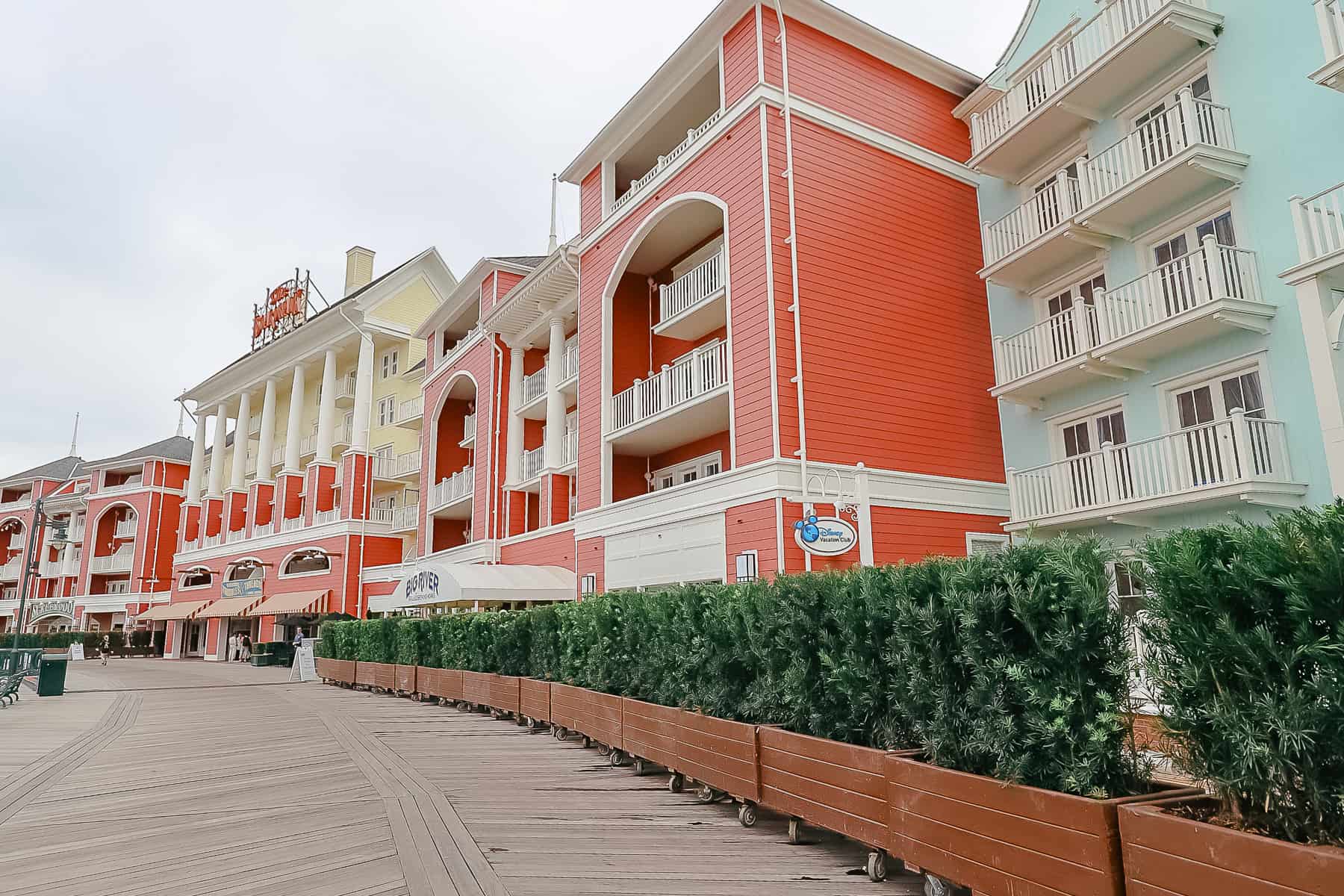 Planters on rollers that hide construction work being completed at the Boardwalk. 