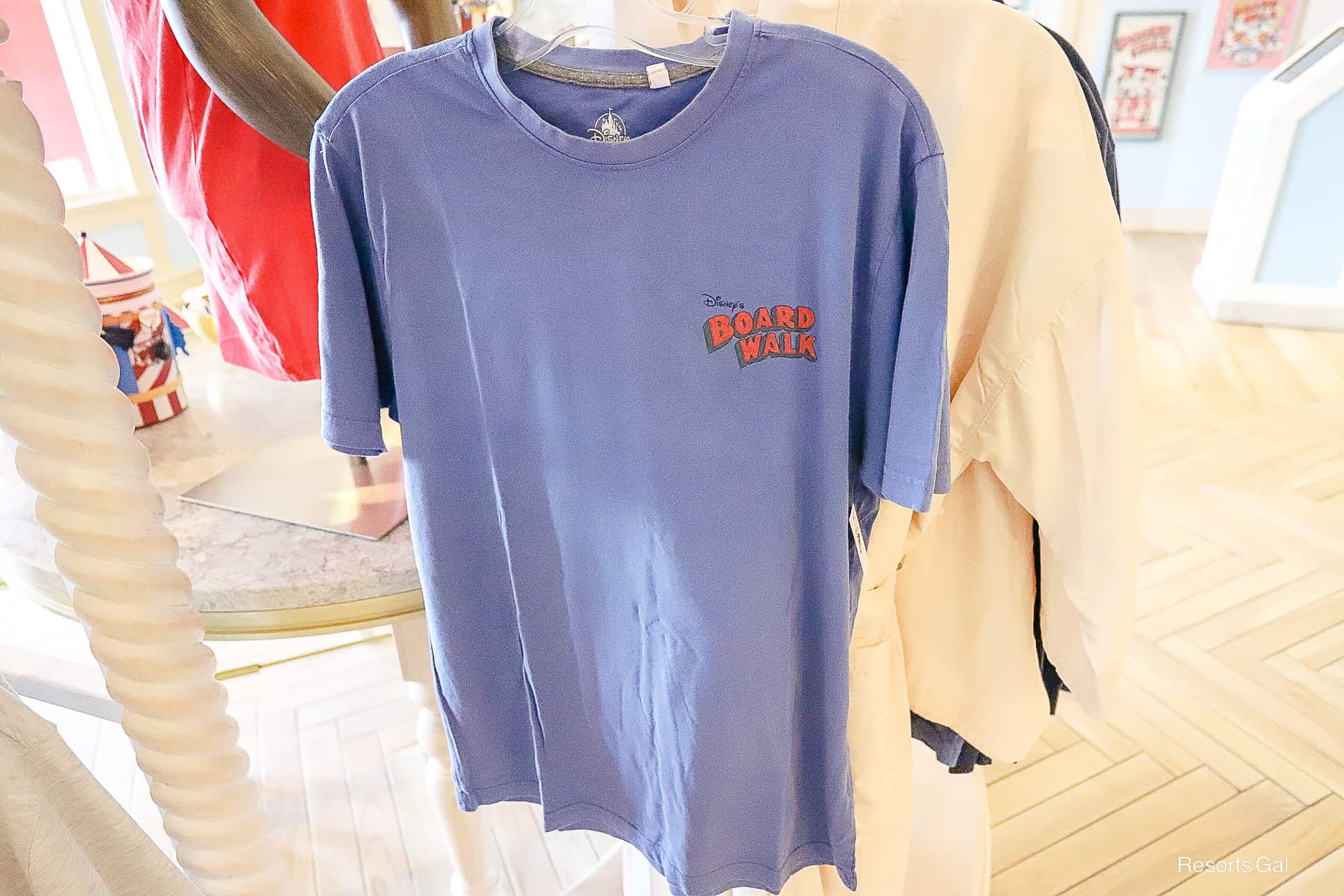 front side of the Boardwalk blue t-shirt with resort logo