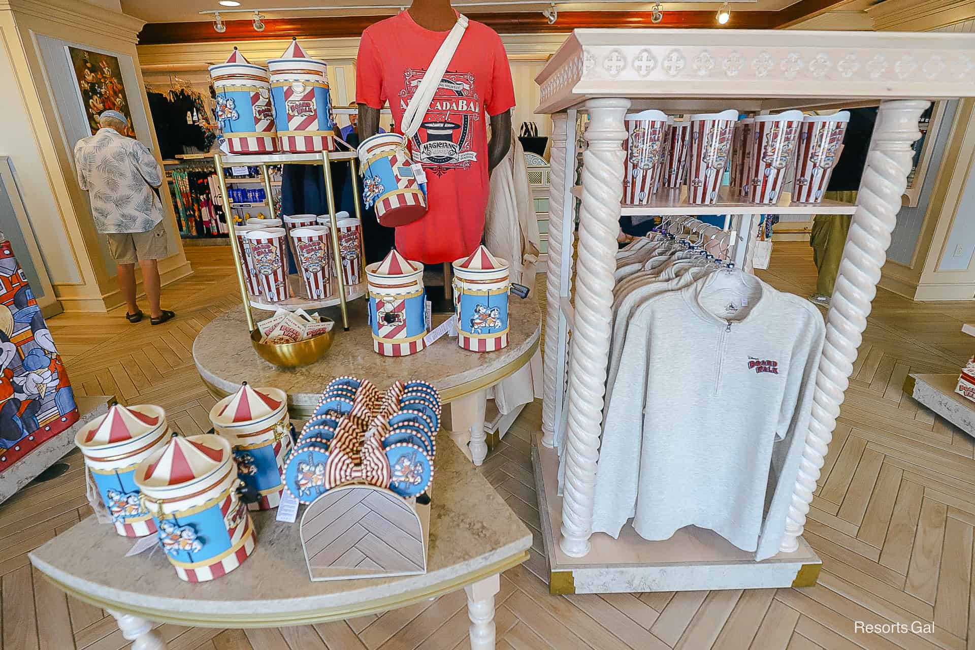 a display at Disney's Boardwalk featuring resort-branded merchandise