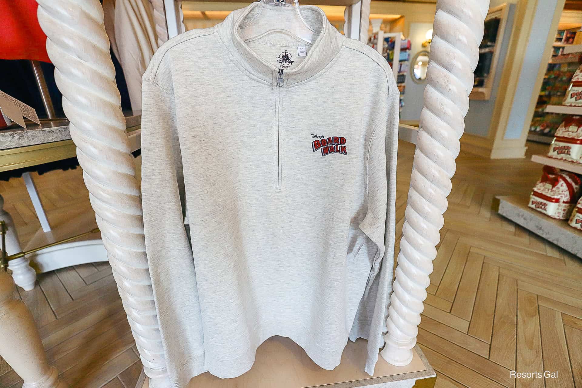 grey pullover with Boardwalk logo