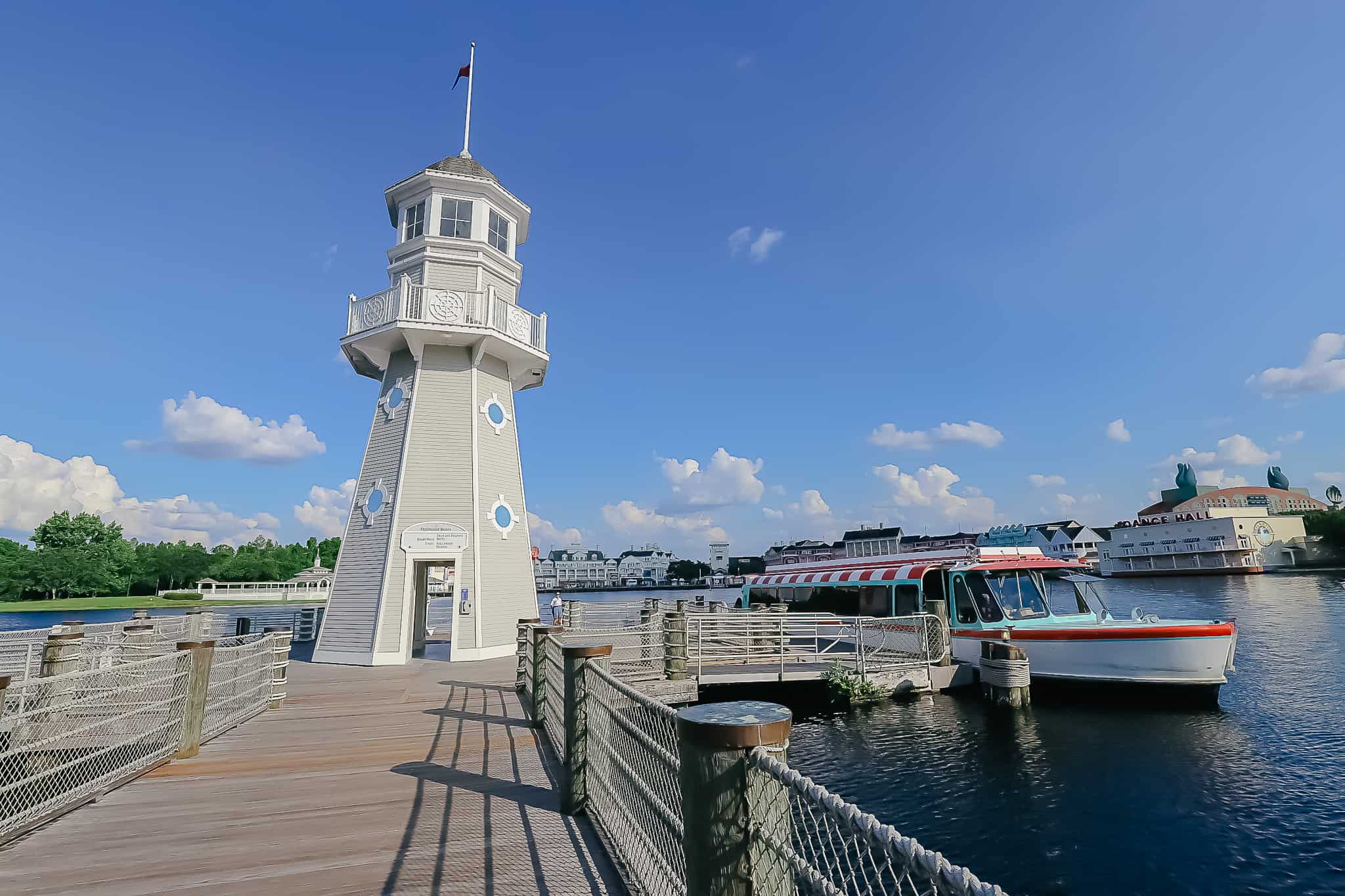 A boat docked at Disney's Beach and Yacht Club. 