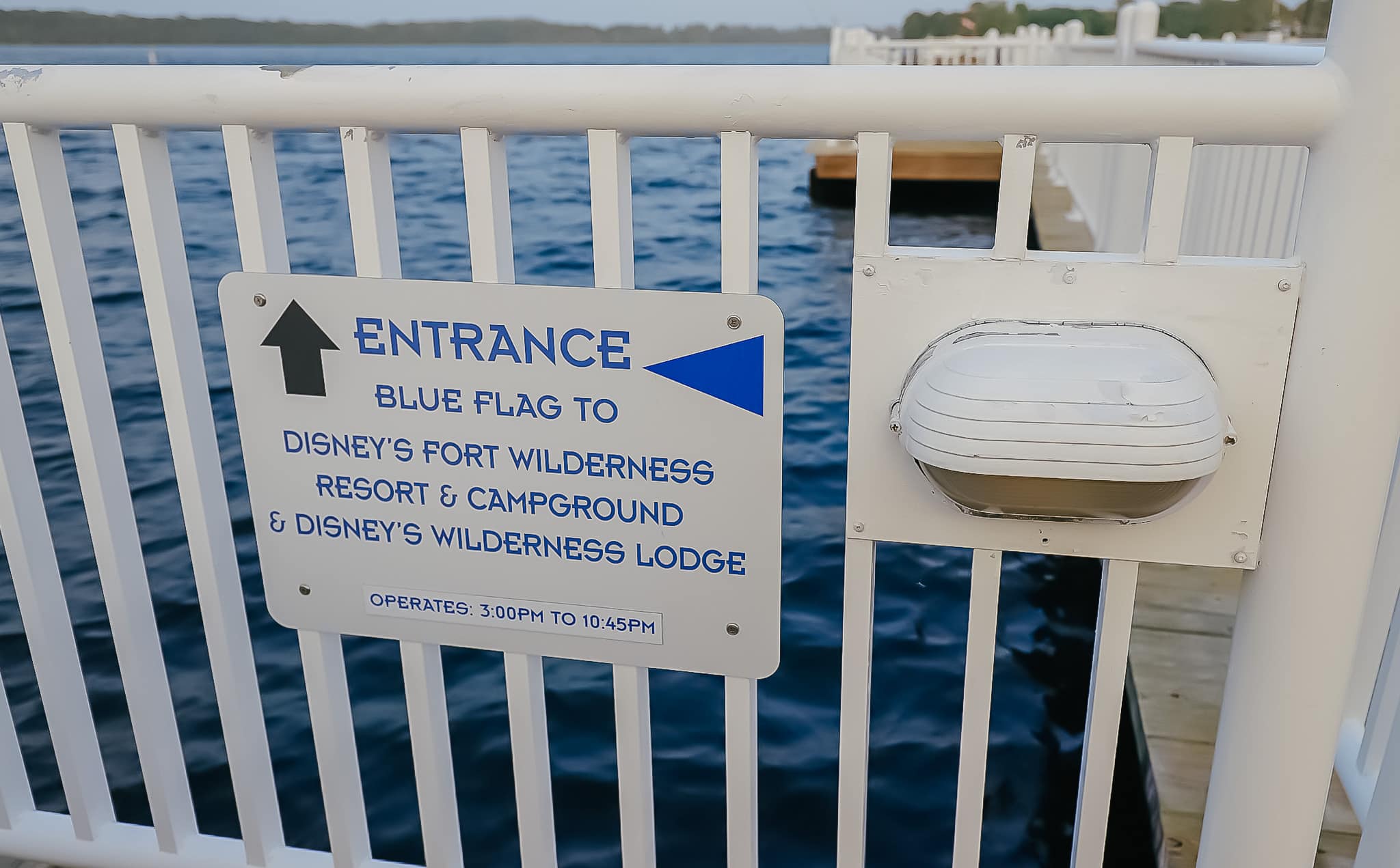 the entrance to the blue flag boat launch to Fort Wilderness 
