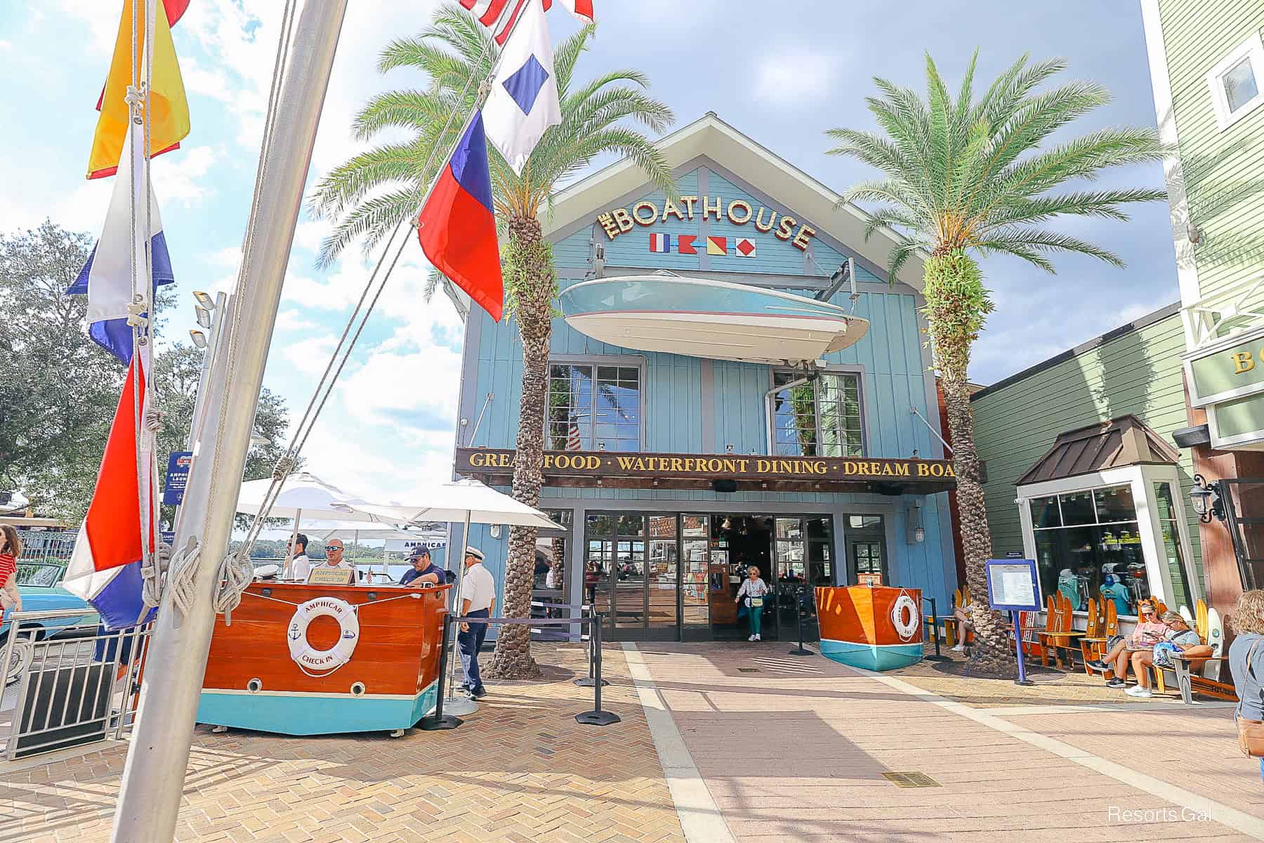 guests waiting outside the entrance of The Boathouse Restaurant at Disney Springs 