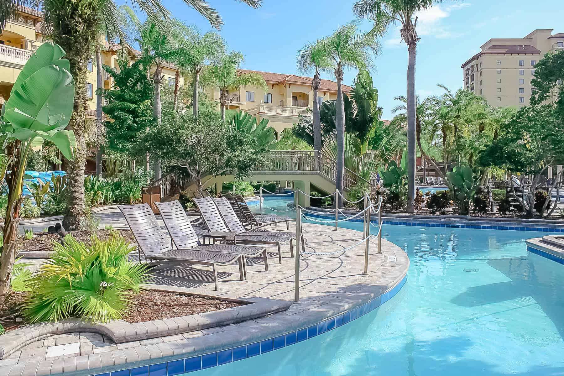 a lazy river winding behind a vacation club at Bonnet Creek