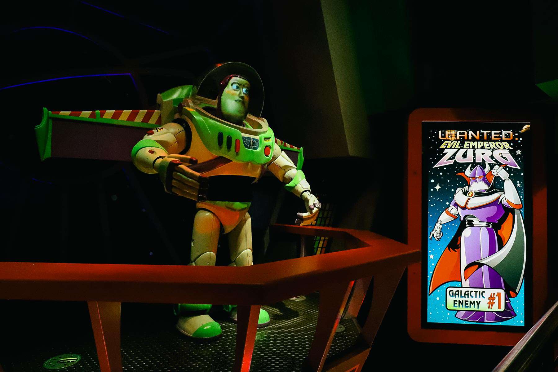 Buzz Lightyear animatronic in the queue of Space Ranger Spin. 