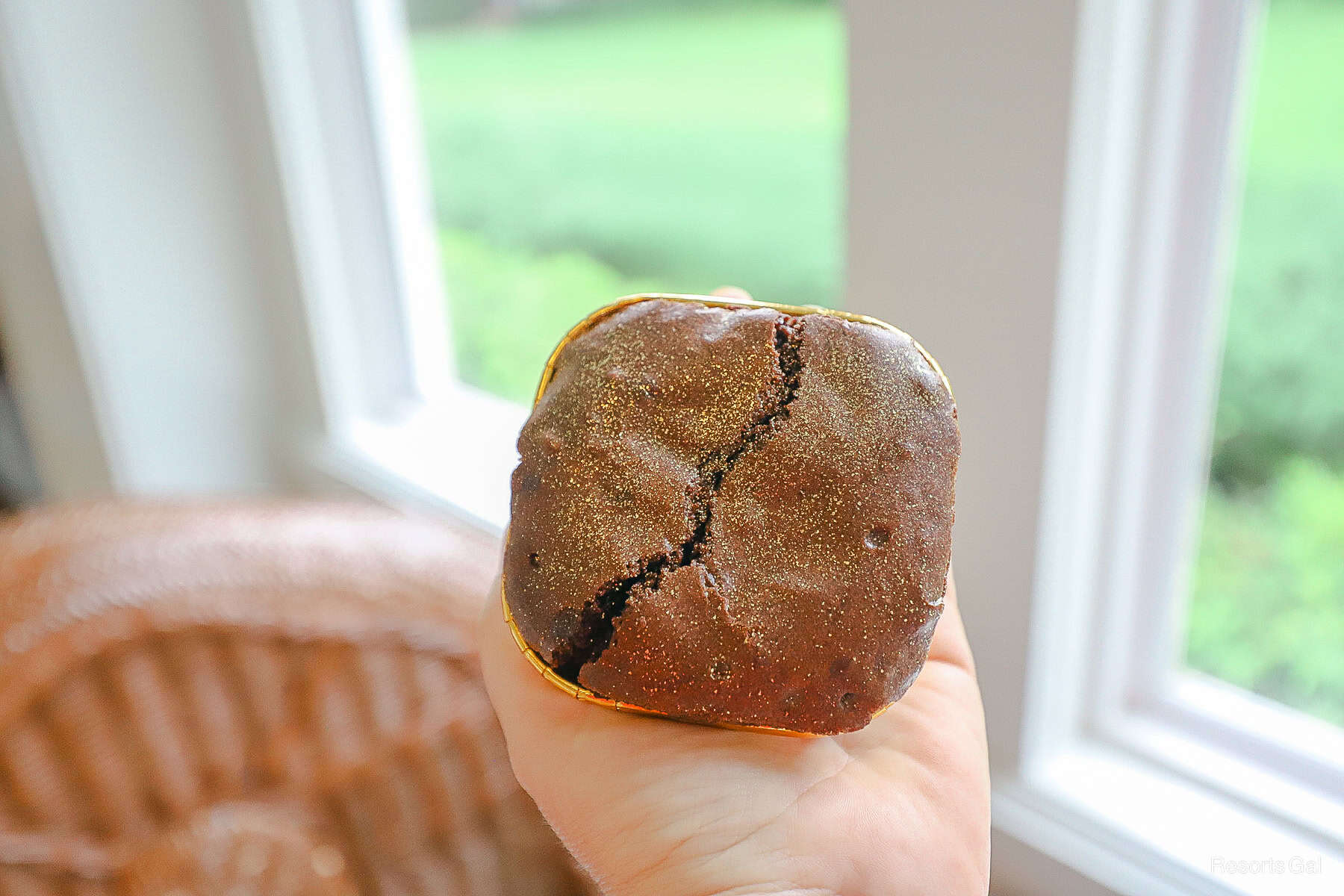 holding the brownie in hand to show the size 