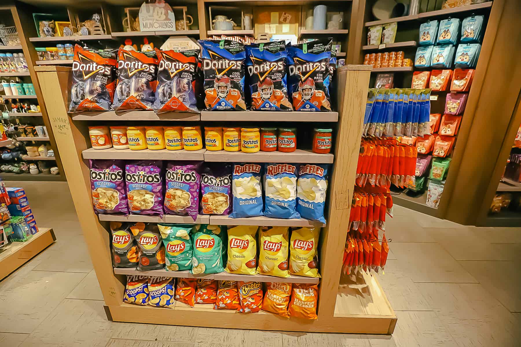 a display in Calypso Trading Post with bags of chips and dips 