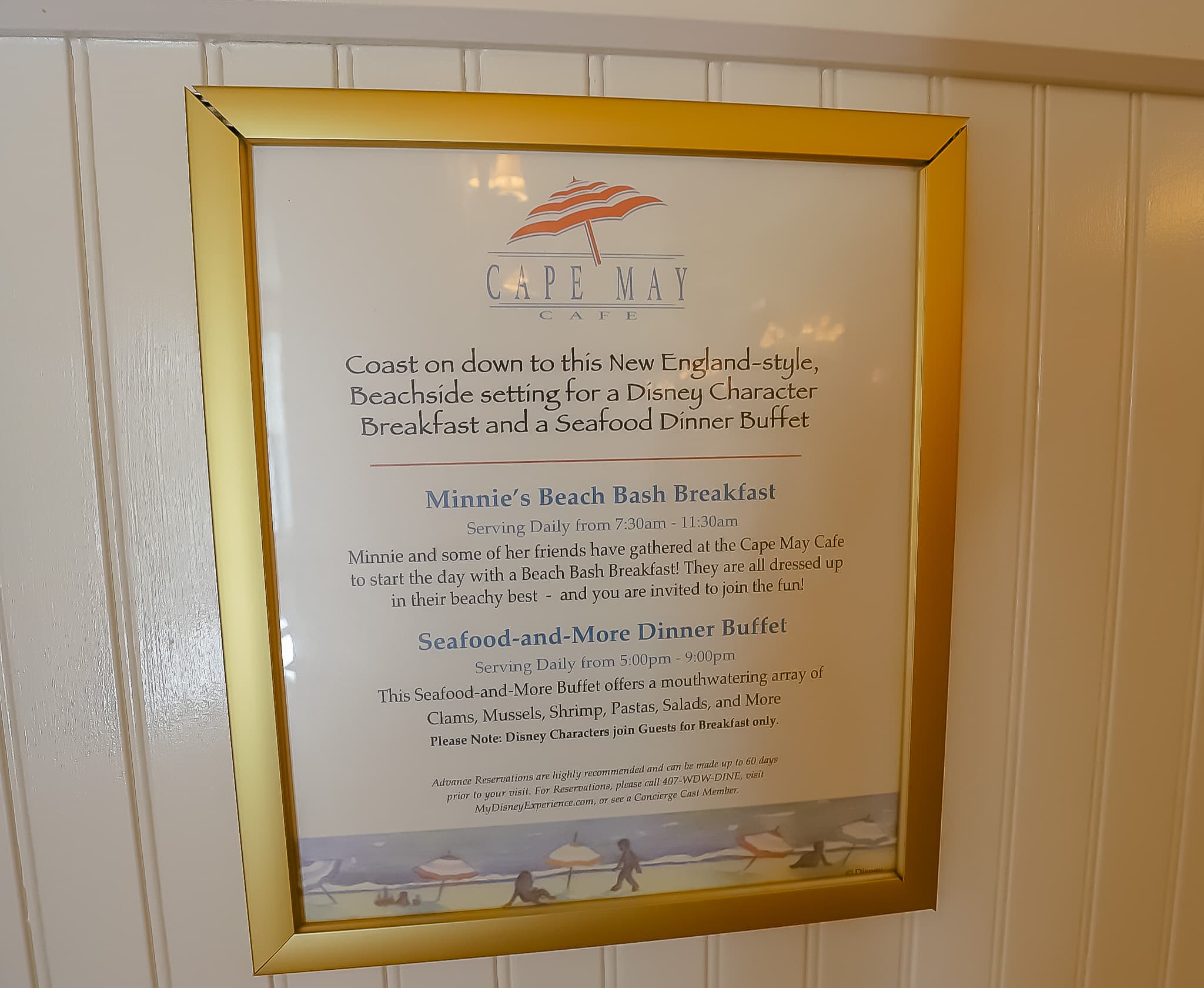 Sign that shows the two services at Cape May Cafe. It reads "Minnie's Beach Bash Breakfast daily from 7:30 a.m. and 1130 a.m. 