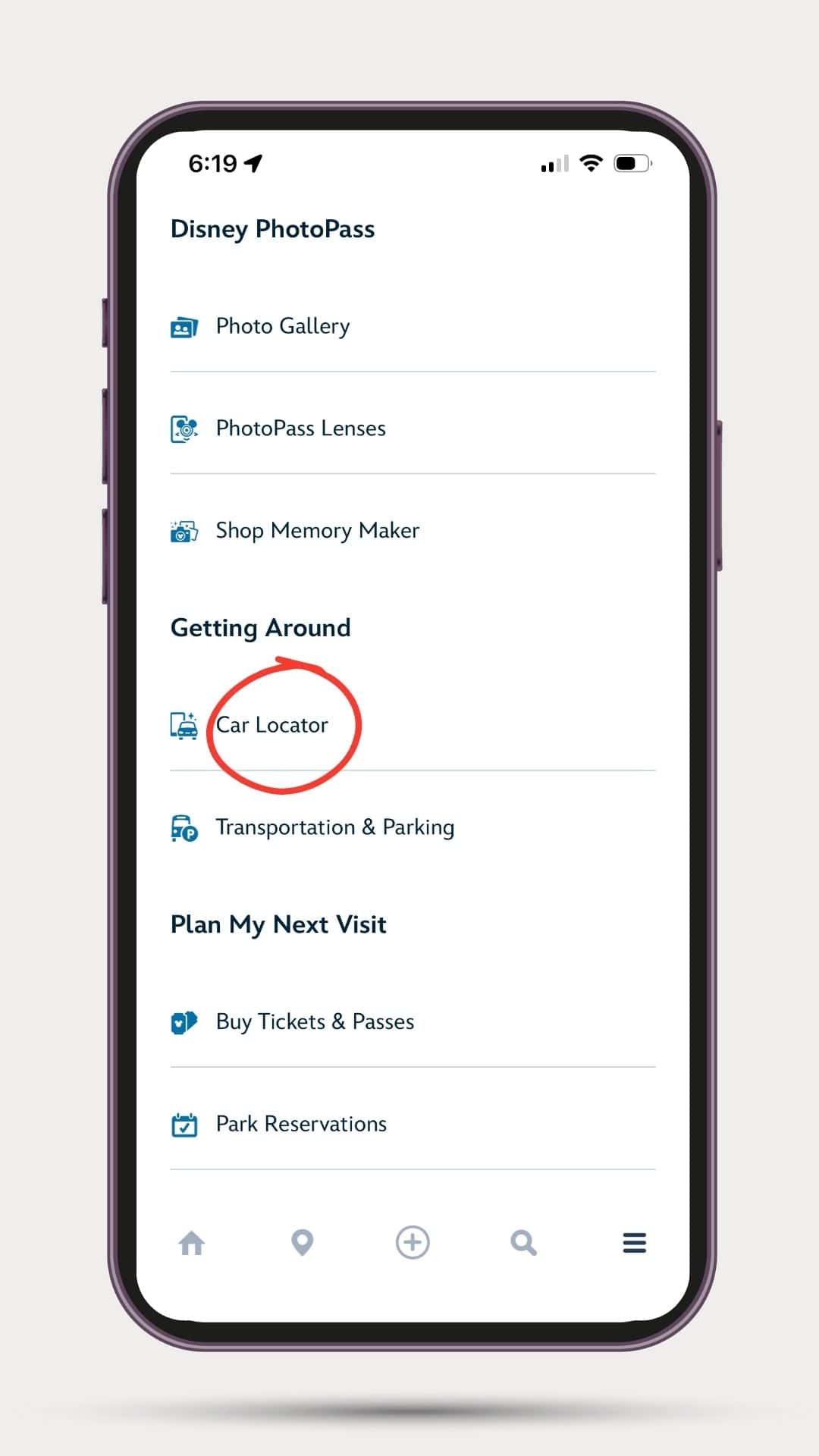 My Disney Experience app Car Locator menu 