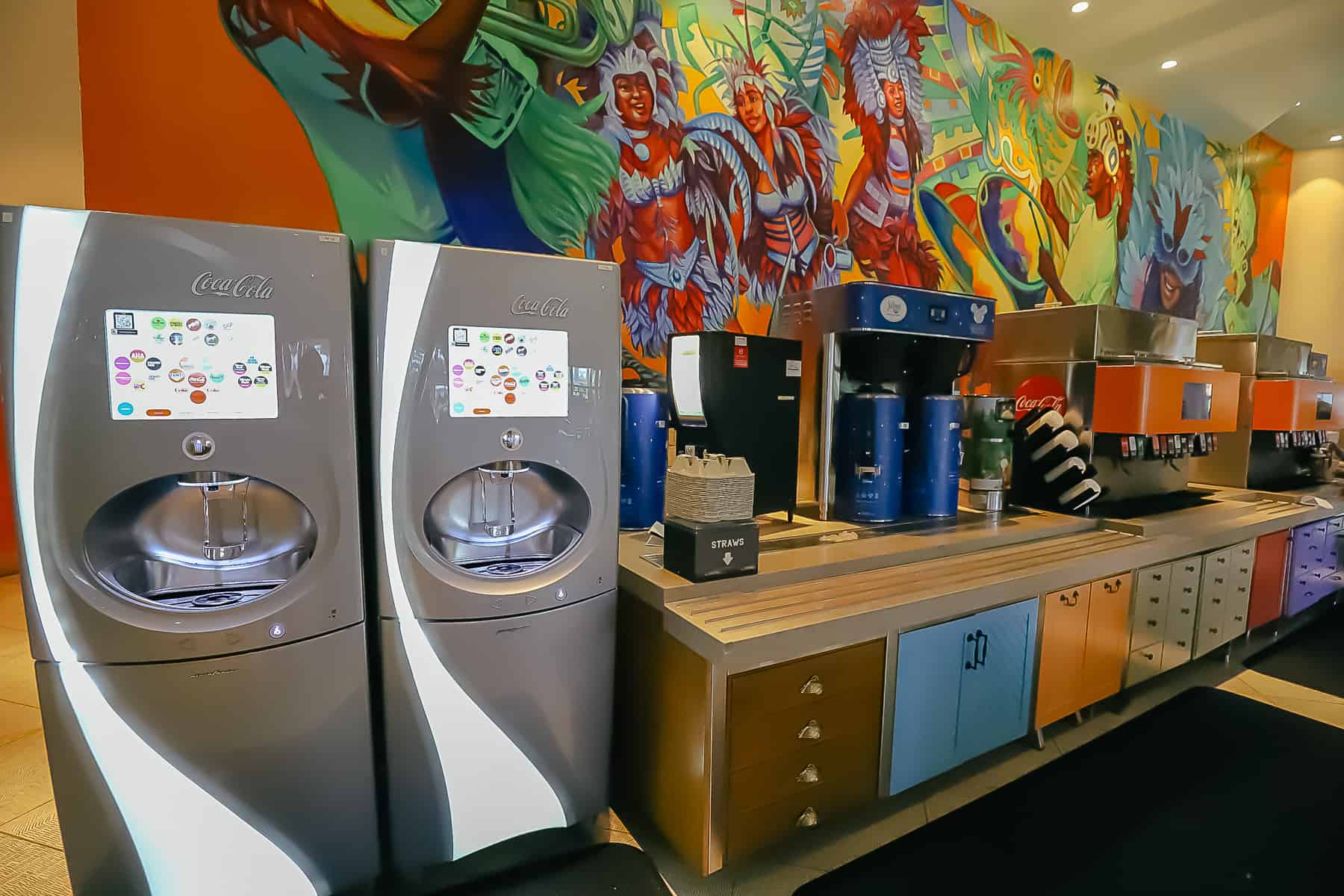 A beverage station inside one of Disney's Caribbean Beach restaurants. 