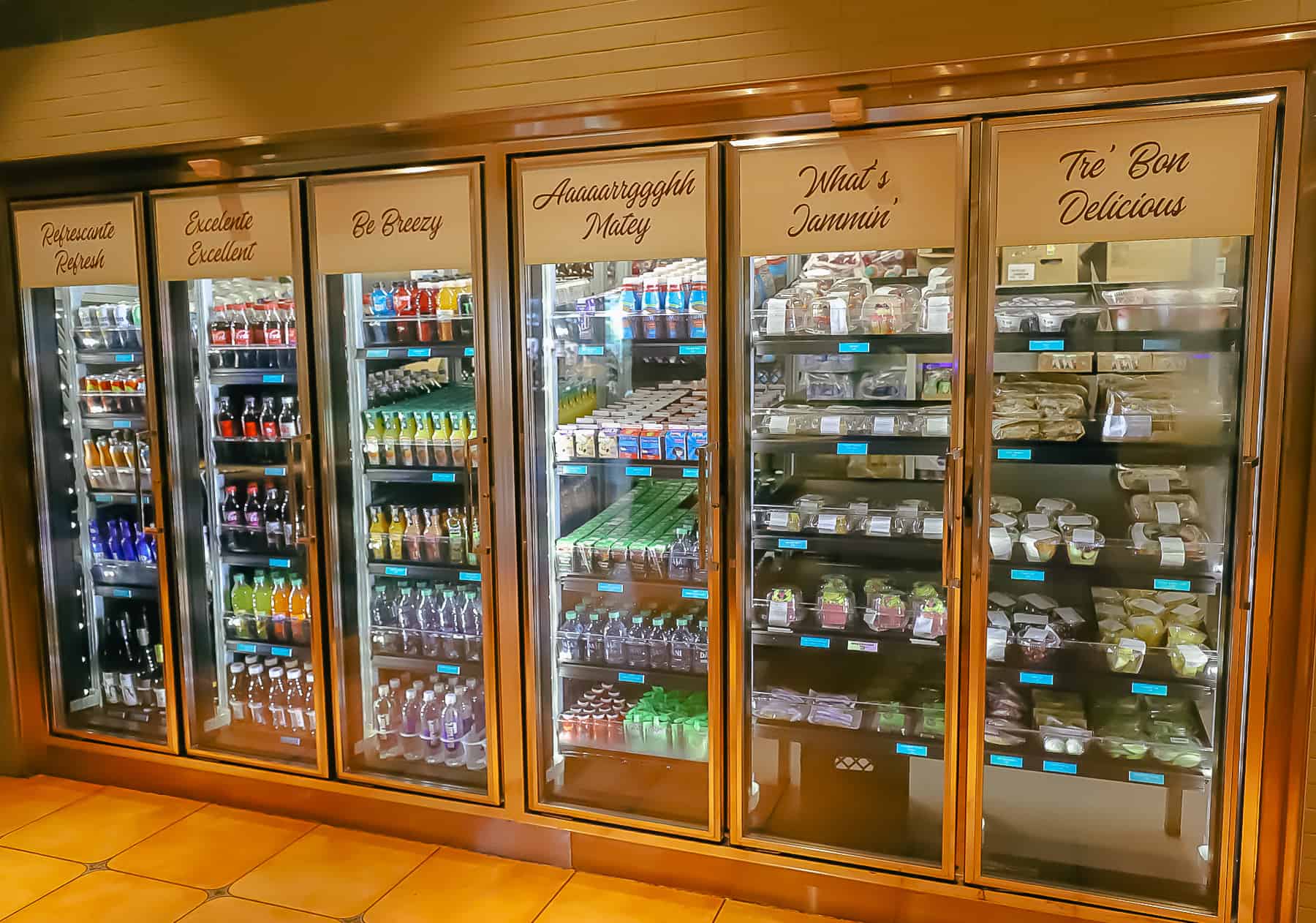 A large case containing refrigerated items like beverages and premade sandwiches and salads. 