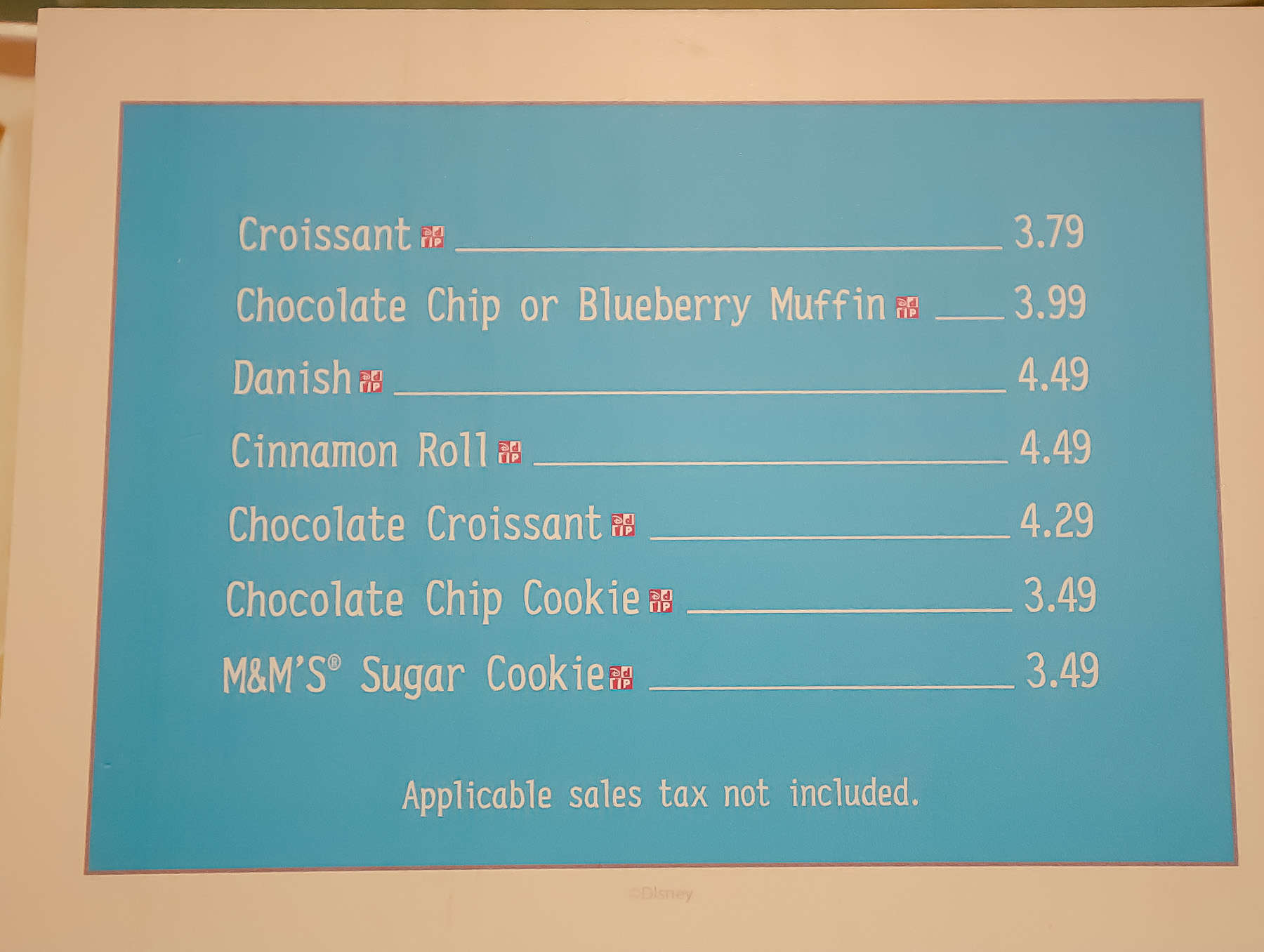 a menu that lists the price of each pastry 