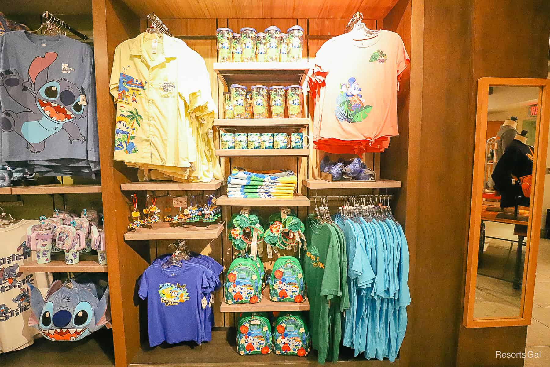 a display at Calypso Trading Post featuring resort-branded merchandise for Caribbean Beach 