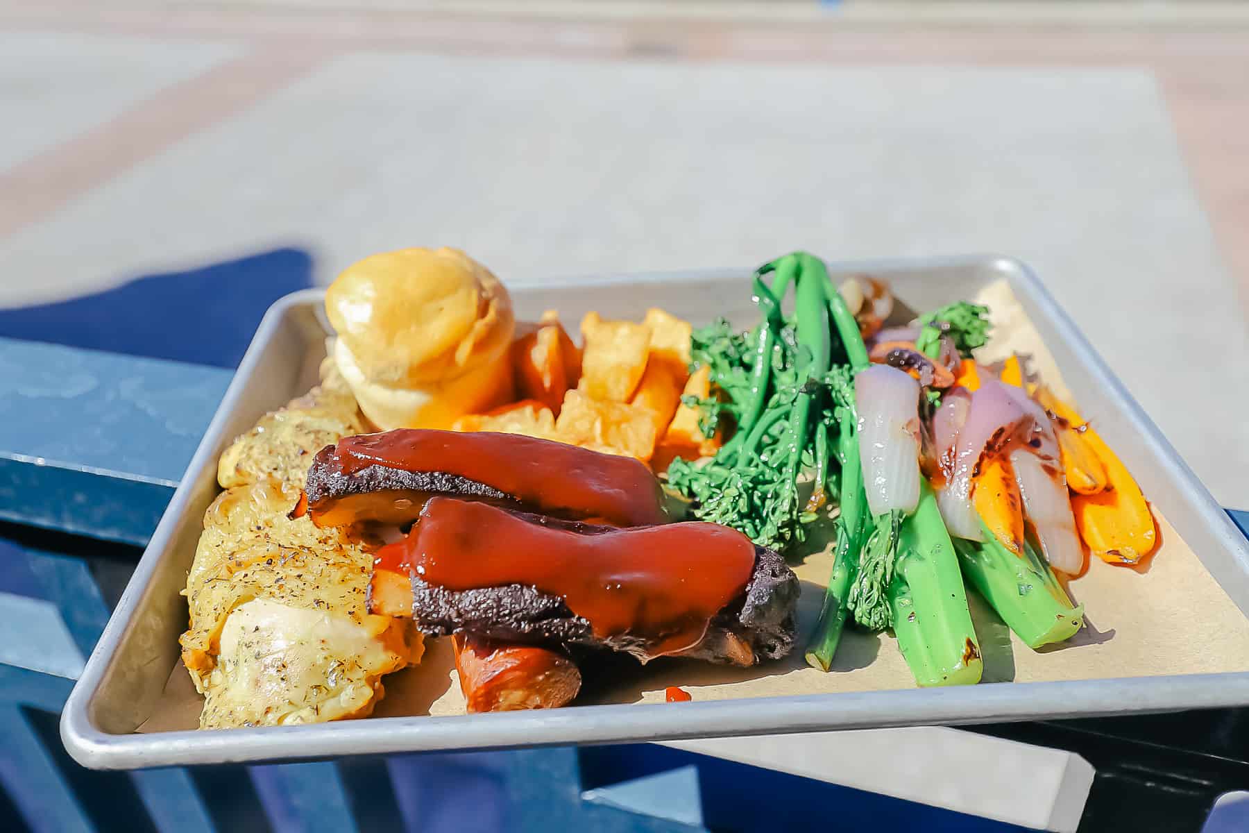 an entree with several meat selections from the food court at Disney's Caribbean Beach 