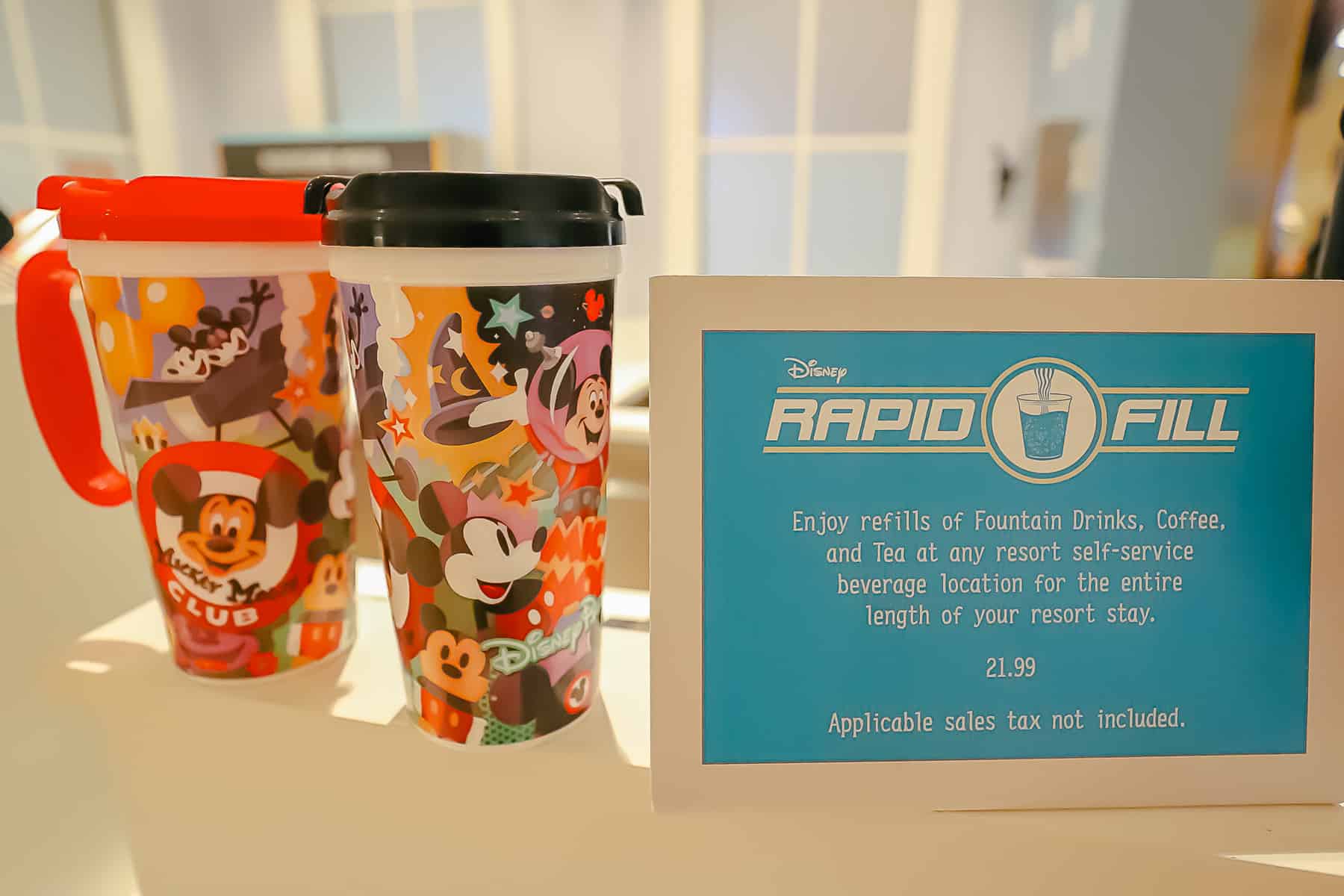 A display that shows a Rapid Fill mug option at Disney's Caribbean Beach.