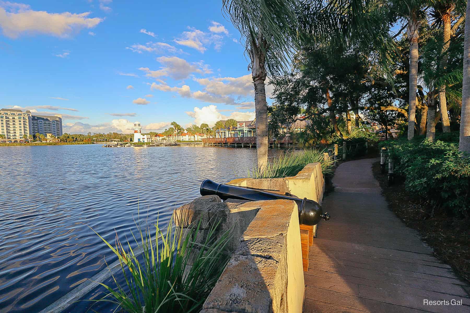a walkway that wraps around the resort's island