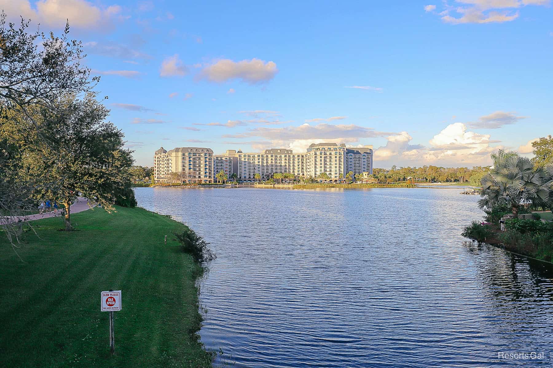 a view of Disney's Riviera Resort in the distance as seen from the bridge to Caribbean Cay