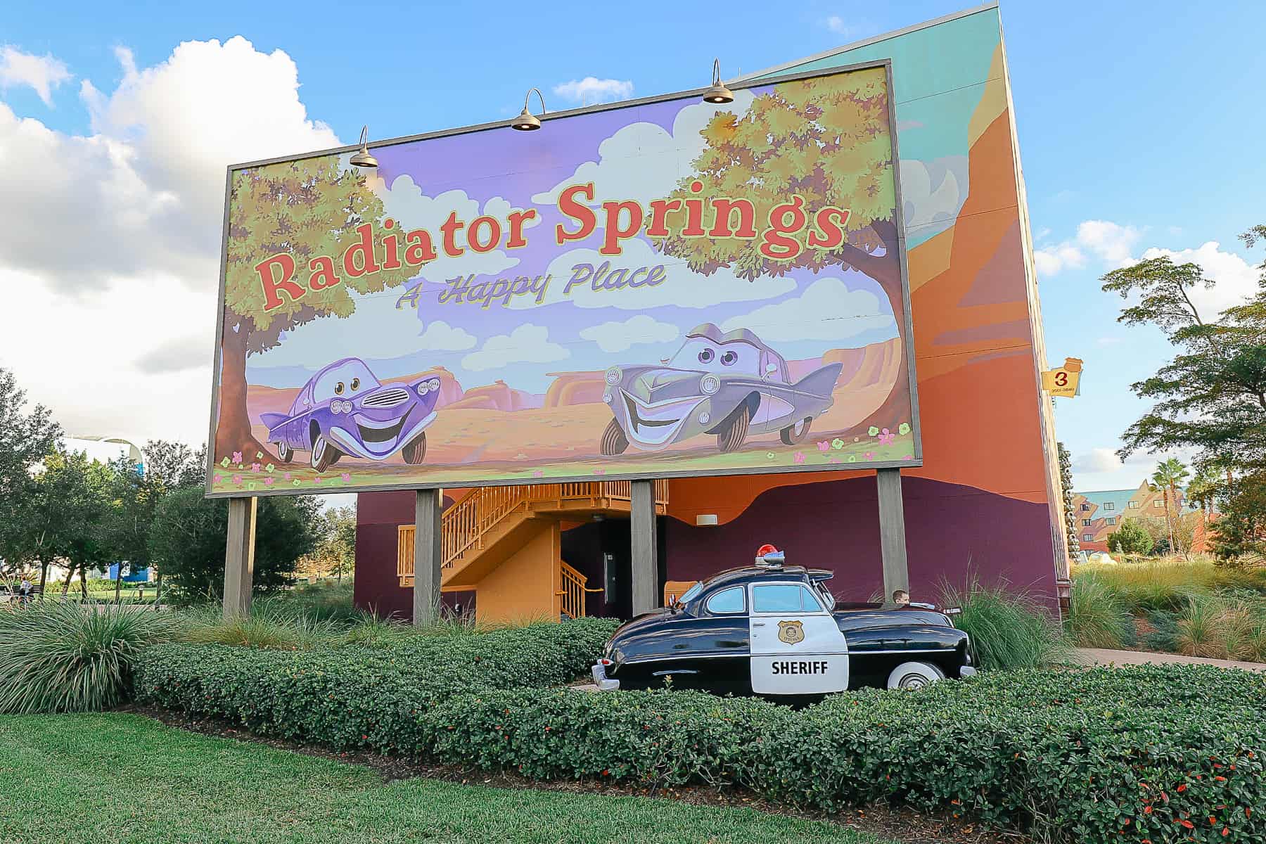 Sheriff at the entrance of the Cars Hotel area at Disney World 