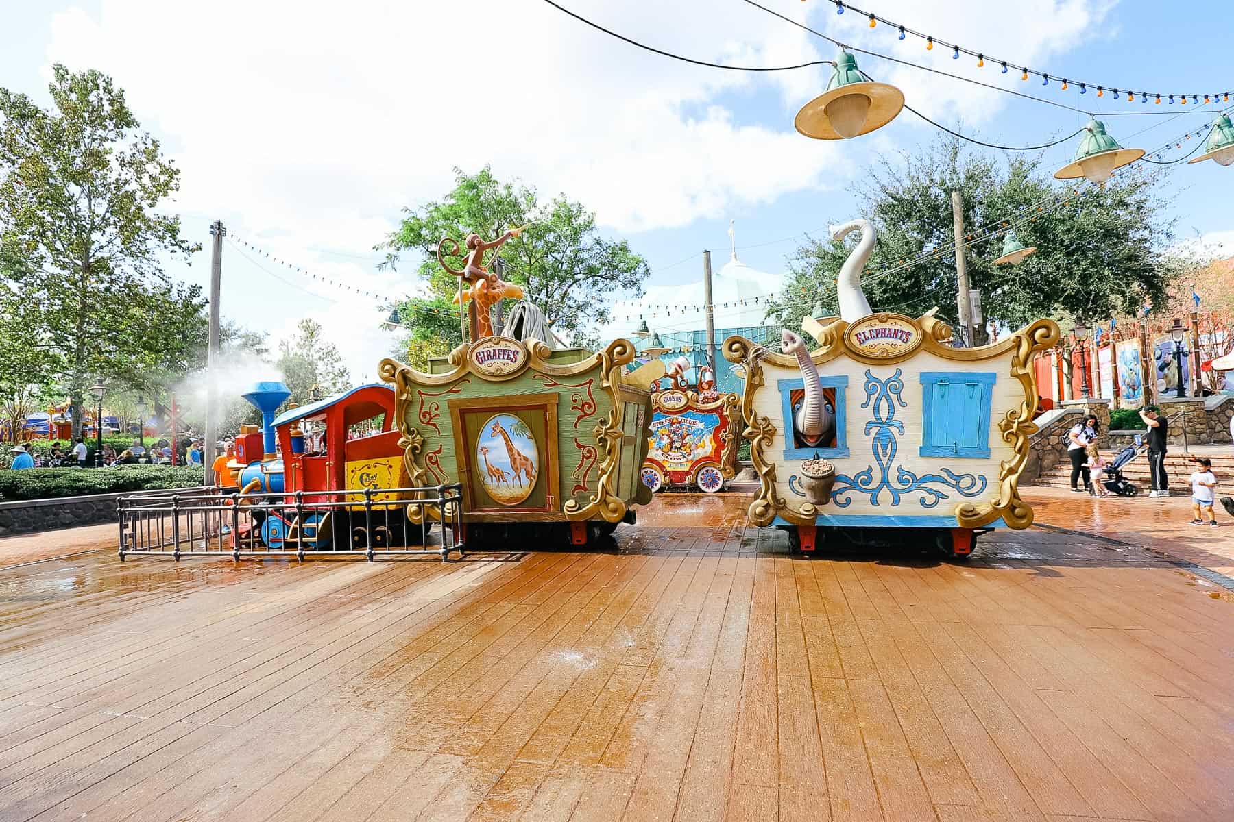 Splash pad in Magic Kingdom themed to Casey Jr. 