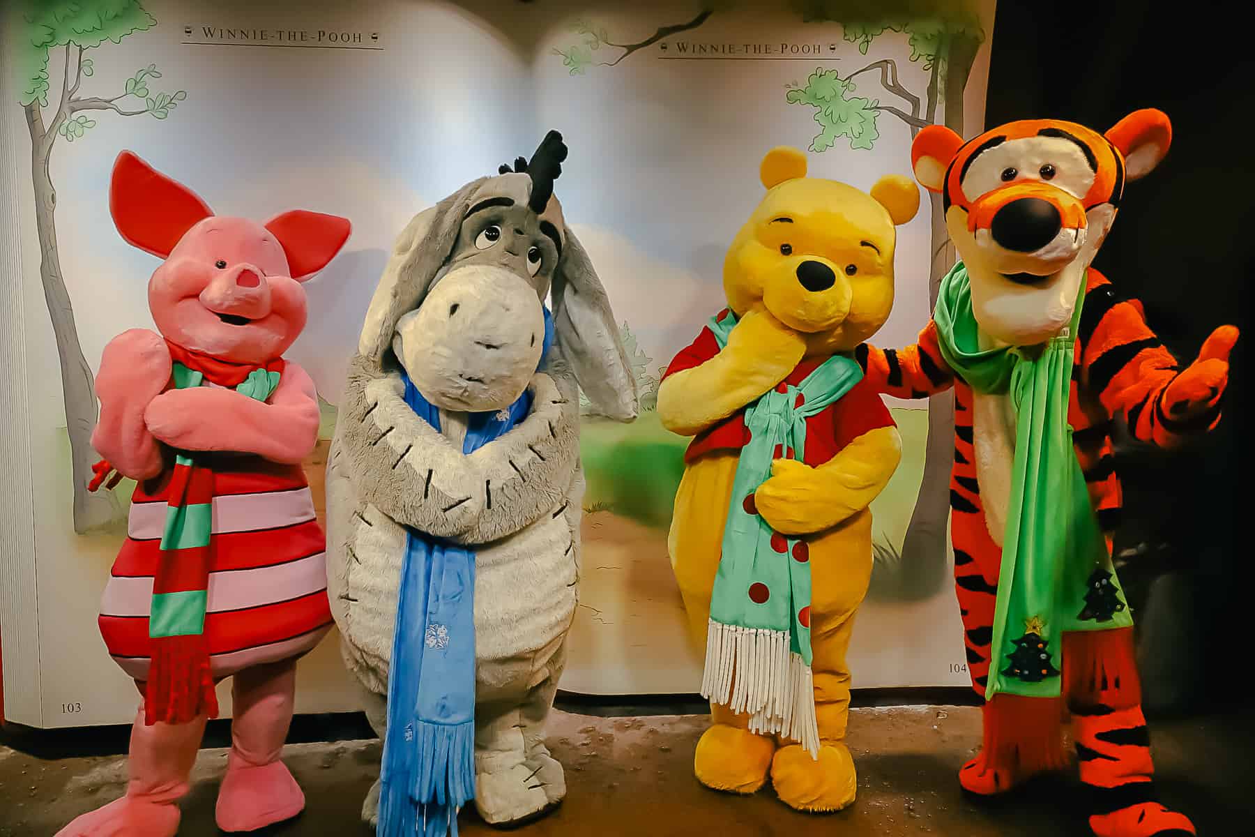 From left to right, Piglet, Eeyore, Winnie the Pooh, Tigger