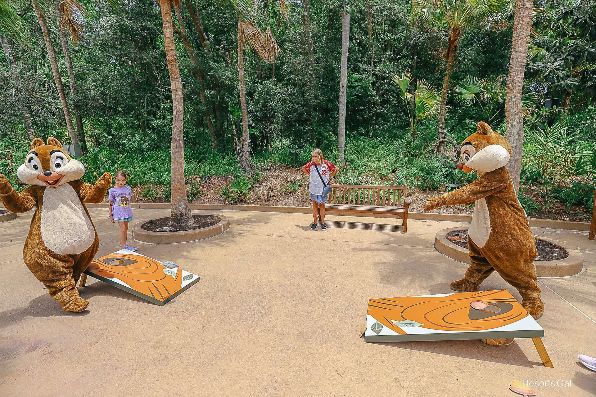 Chip and Dale playing cornhole near the entrance of Disney's Animal Kingdom