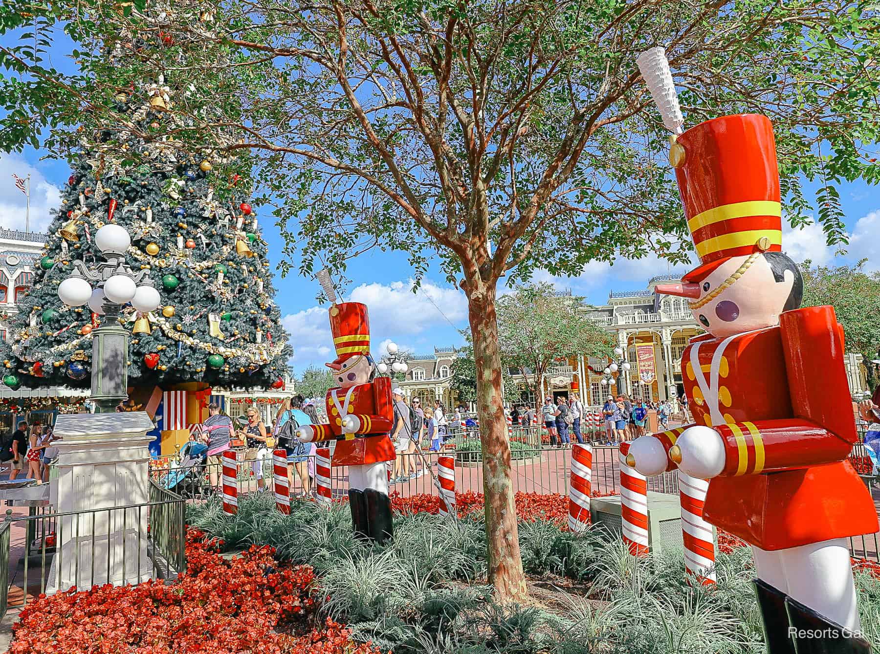 the central hub of Town Square at Magic Kingdom during Christmas 