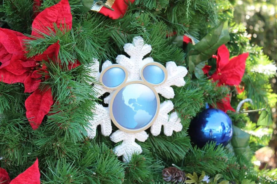 a blue ornament on a Christmas tree at Disney Springs 