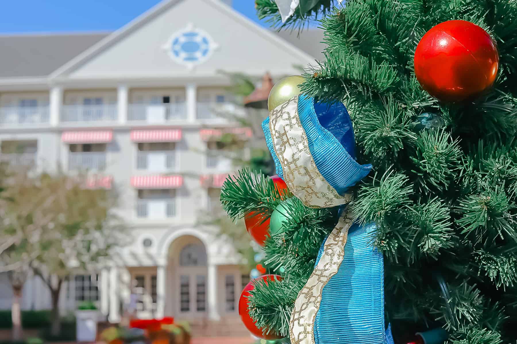 Ornaments in garland outside Disney's Yacht Club