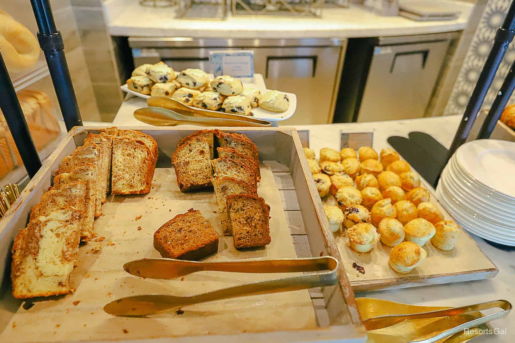 a closeup of the breakfast bread loafs and muffins 