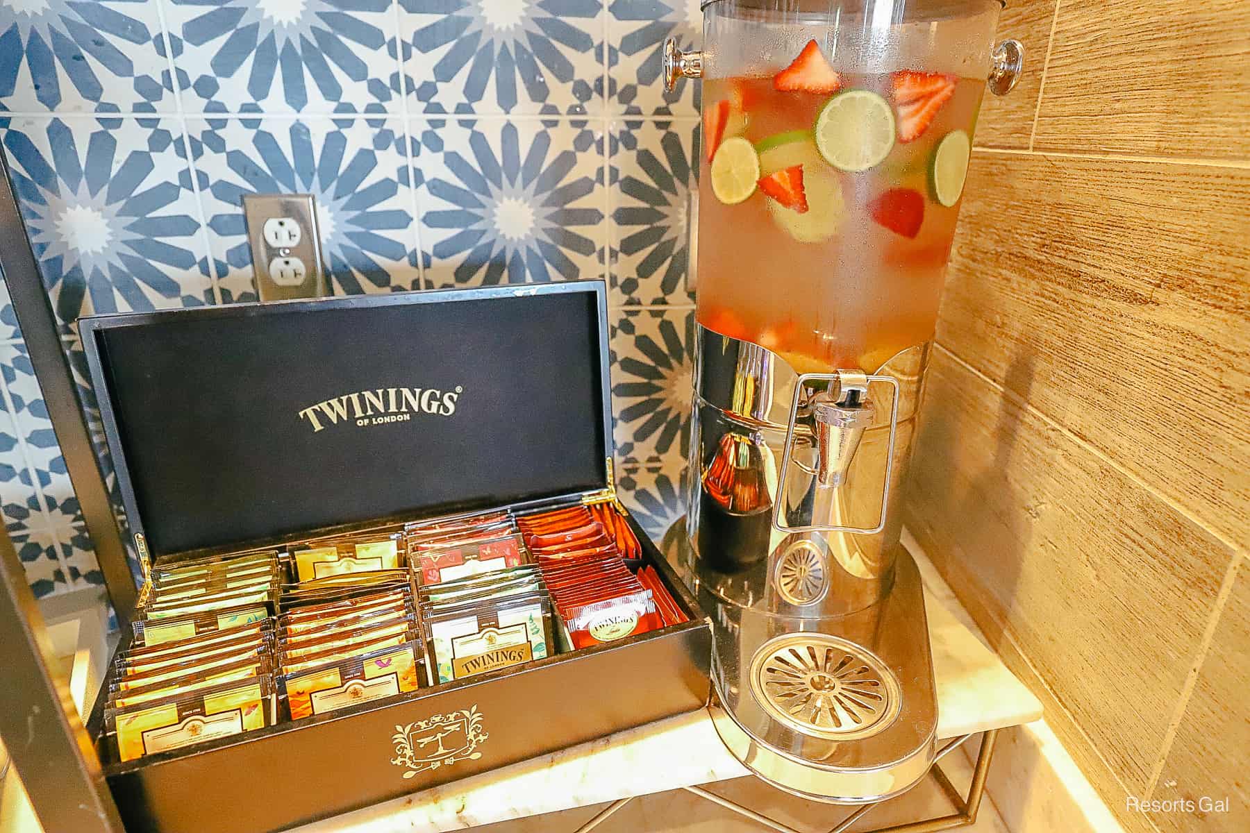 a box with a selection of Twinings Tea in the Chronos Club at Gran Destino Tower 