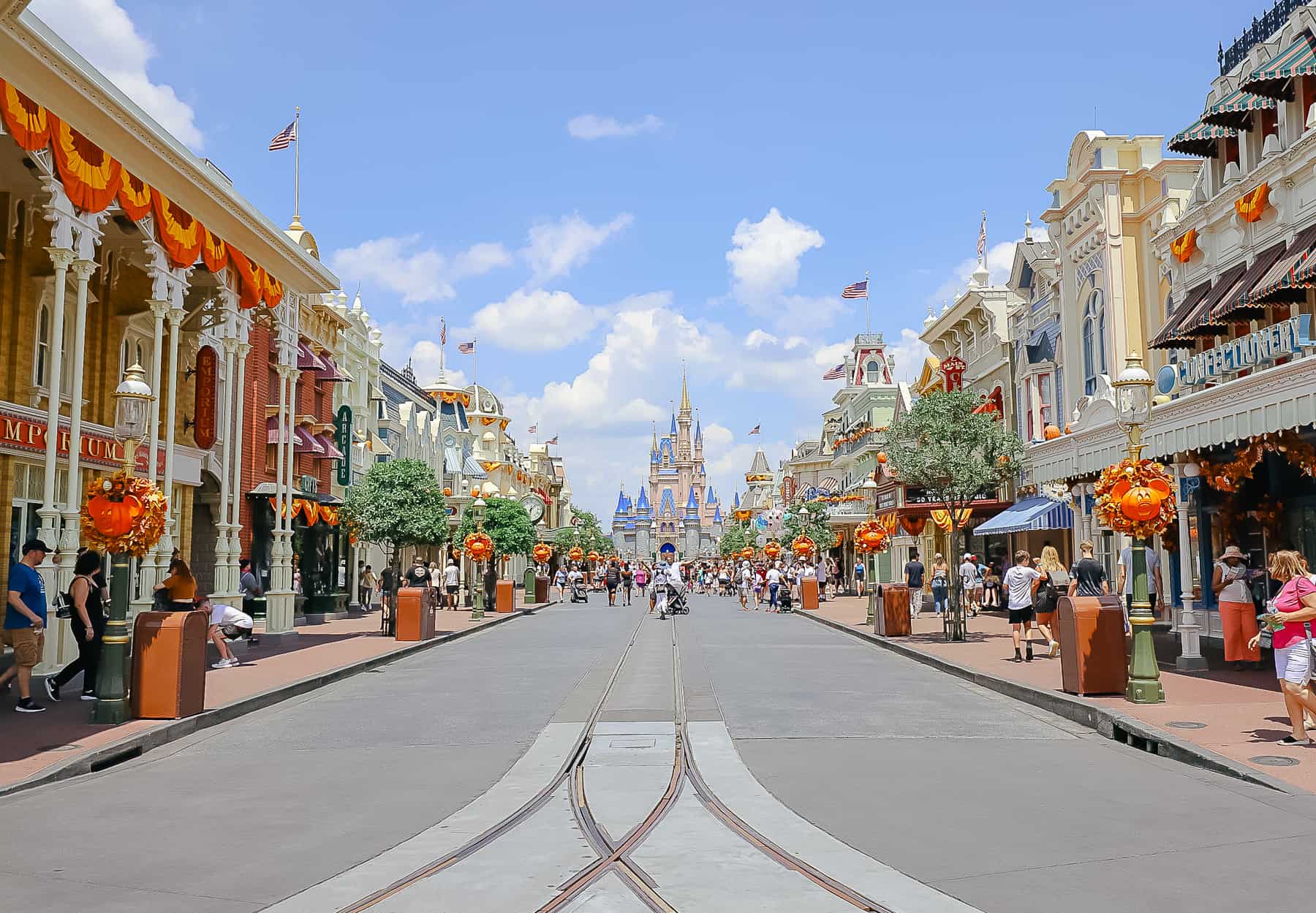 Cinderella Castle sitting at the end of Main Street USA. 