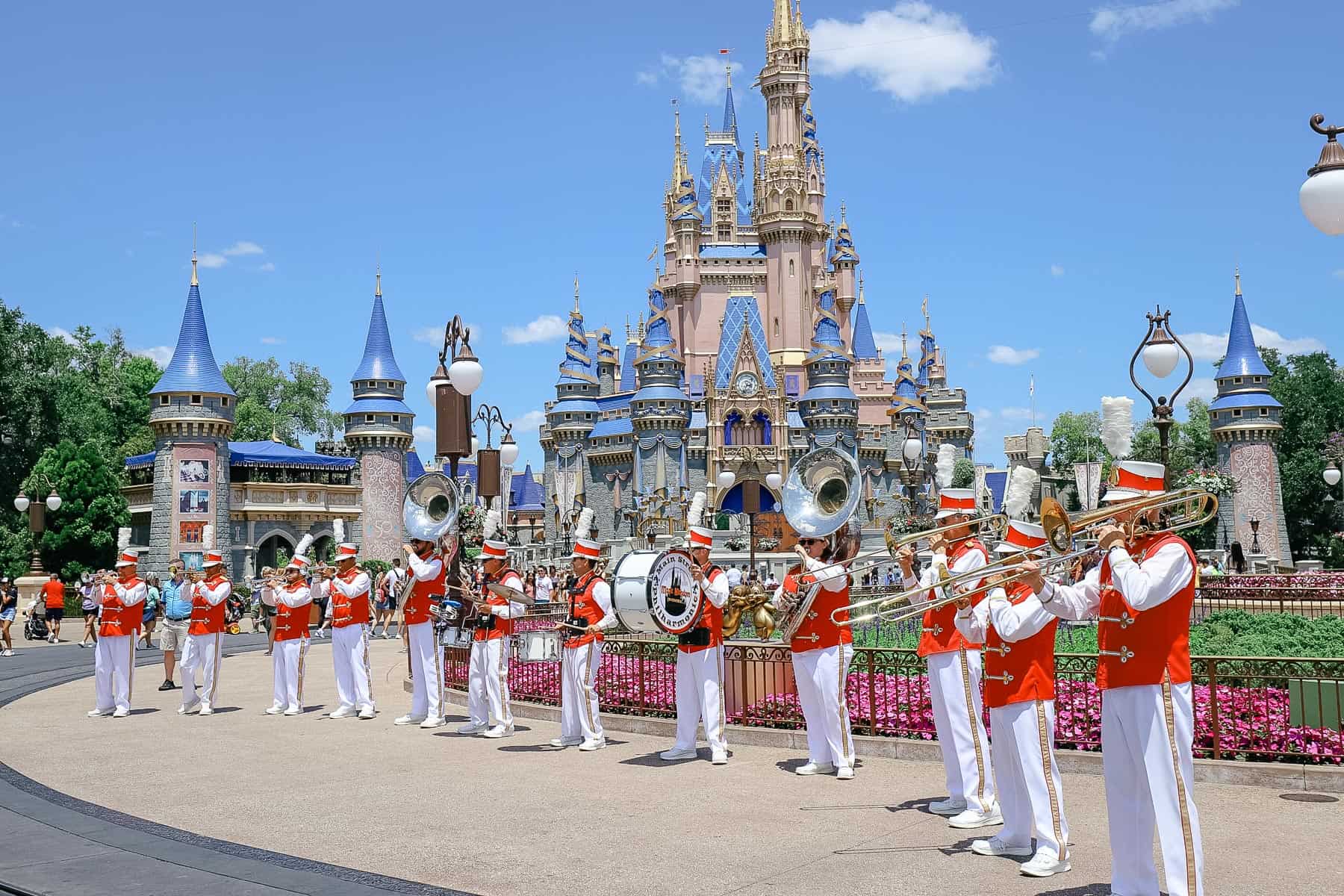 Main Street Philharmonic performing in front of Cinderella Castle. 