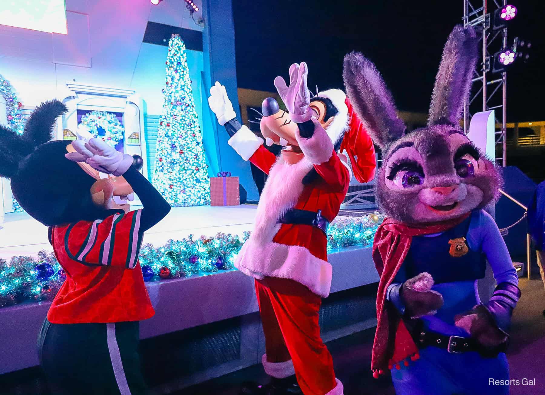 characters dancing at Club Tinsel during Mickey's Very Merry Christmas Party