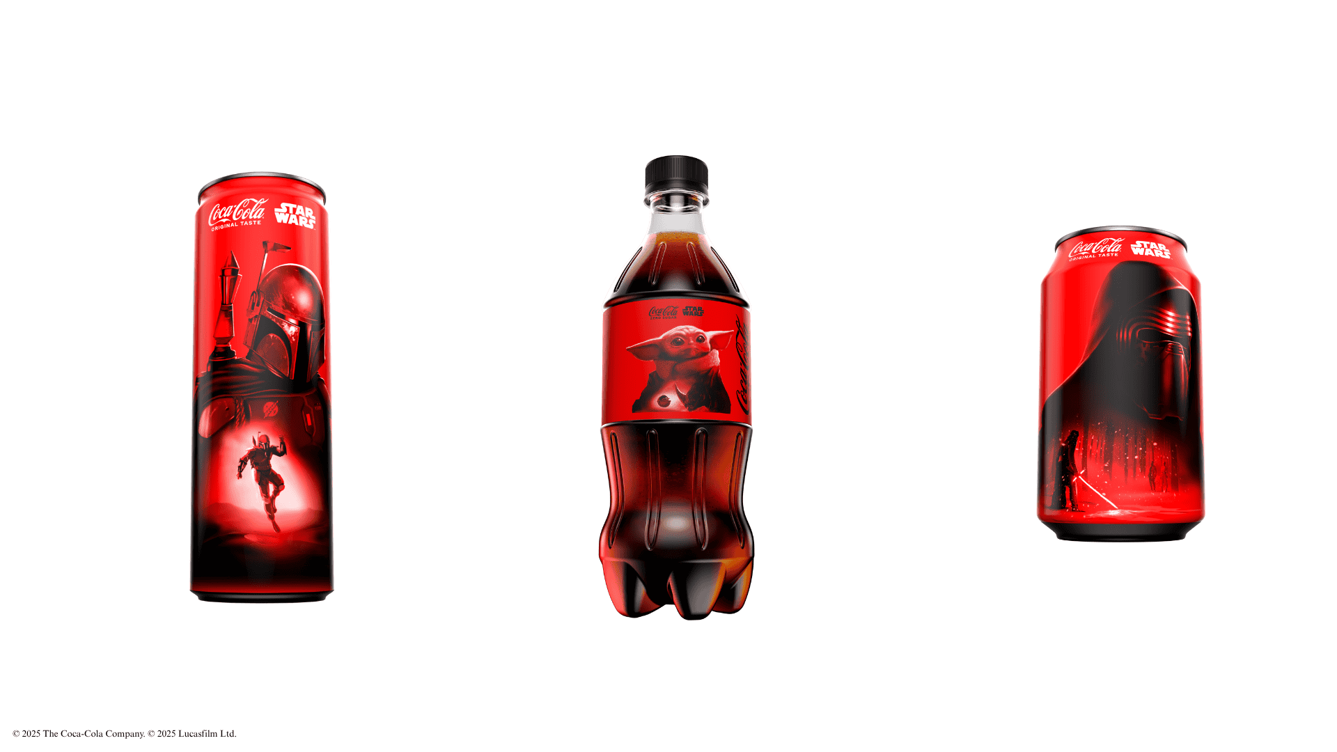 three Star Wars Coca-Cola Bottles and Cans with the Mandalorian, Grogu, and Kylo Ren