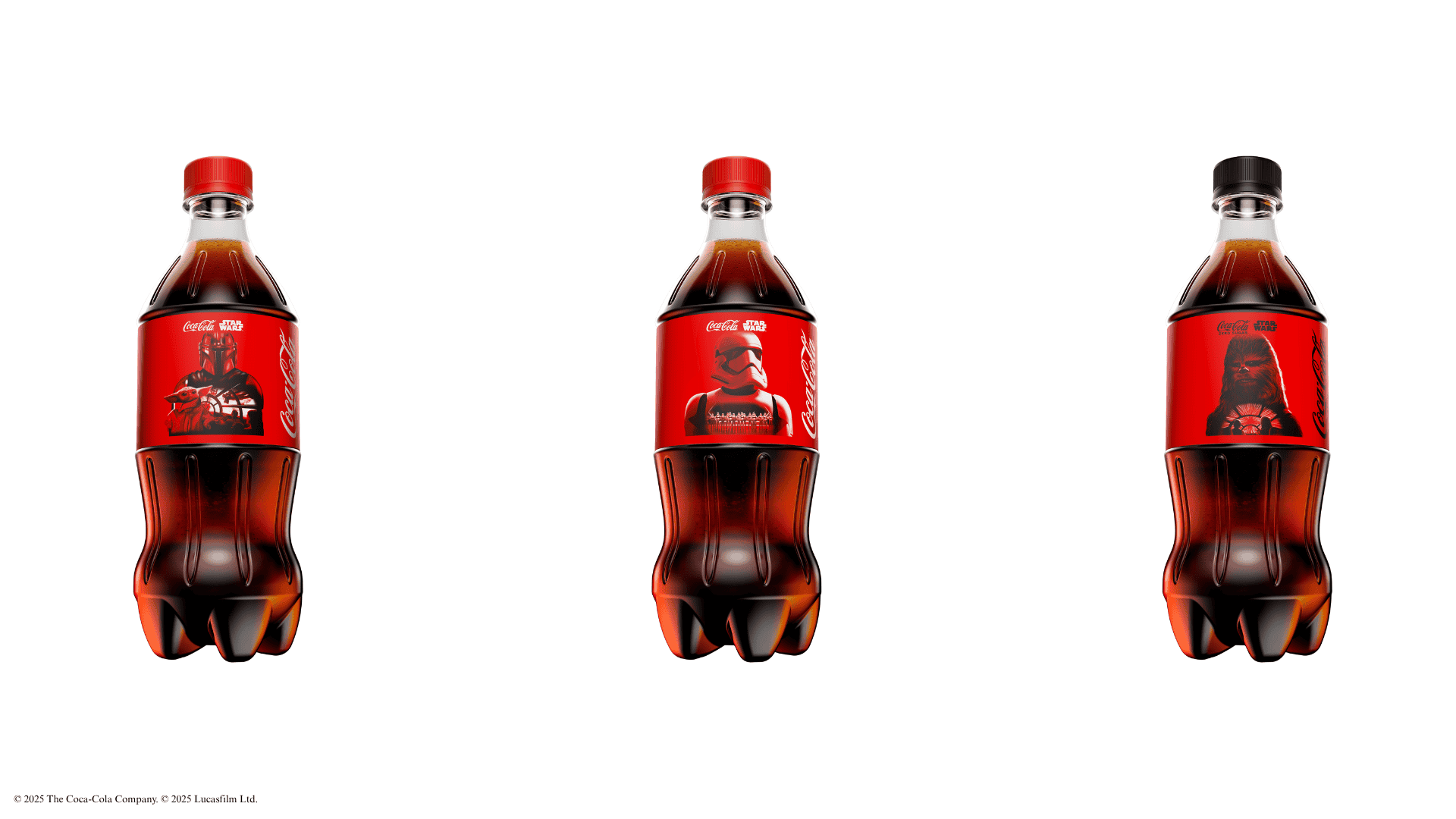 Coca Cola three bottles with The Mandalorian, Stormtroopers, and Chewbacca