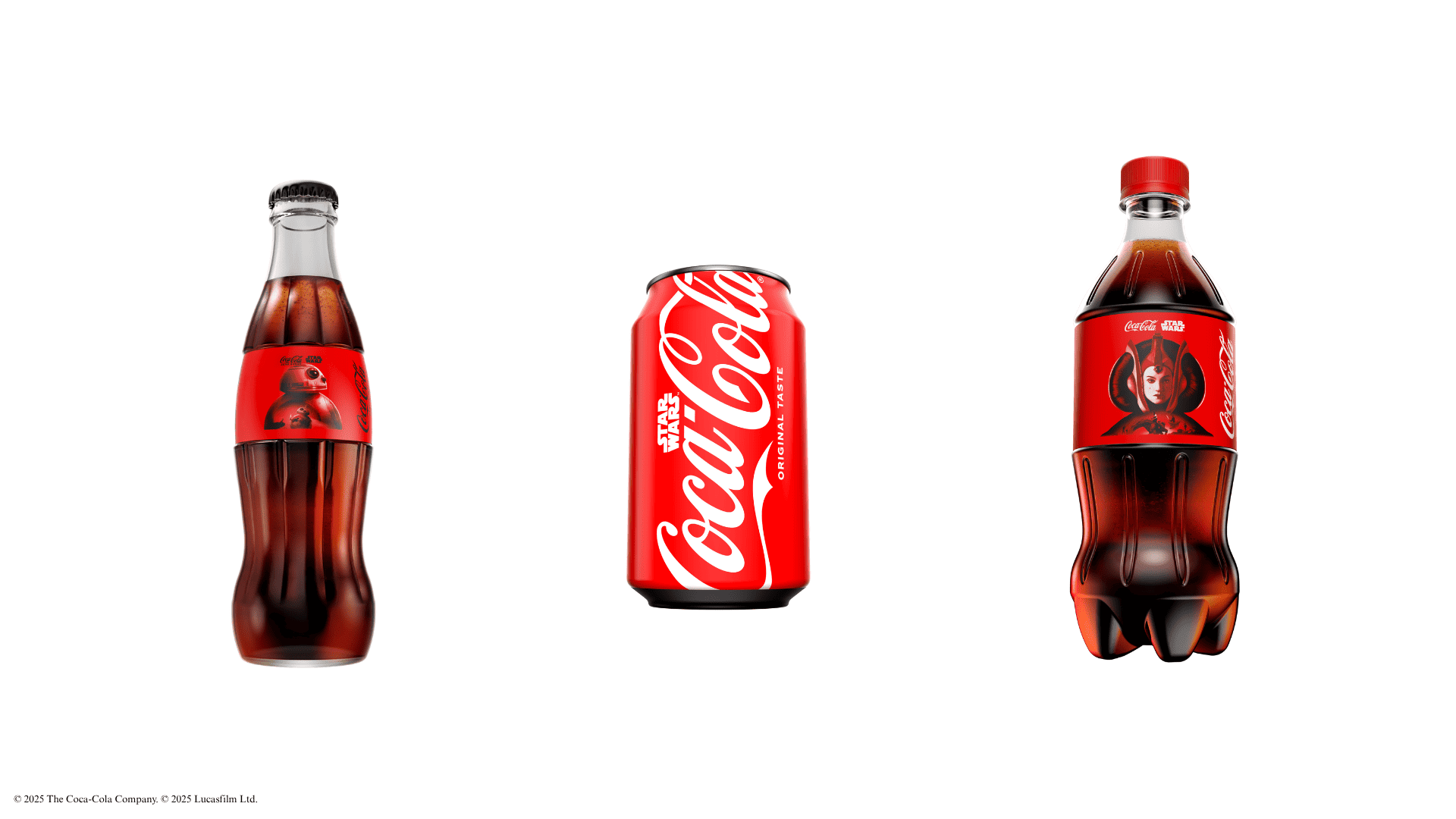 a Coca Cola bottle with BB-8, the Coca Cola logs with Star Wars written above the can, and Queen Amidala