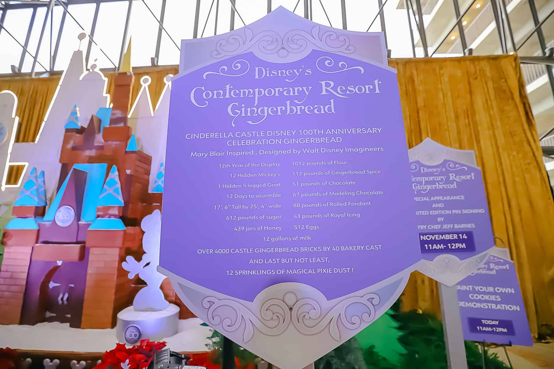 Sign lists facts about the gingerbread castle and an ingredients list. 