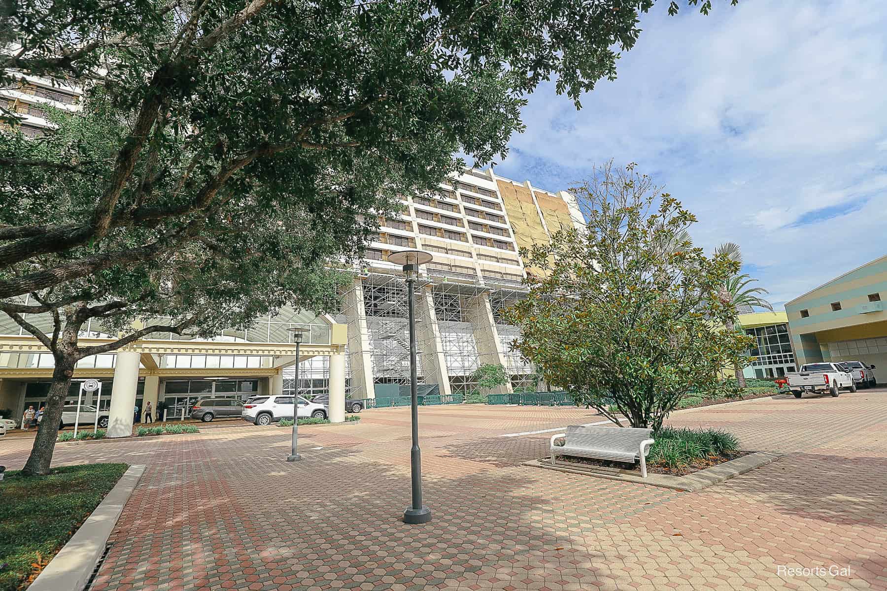 scaffolding covering the right side of the Contemporary as seen from the ground