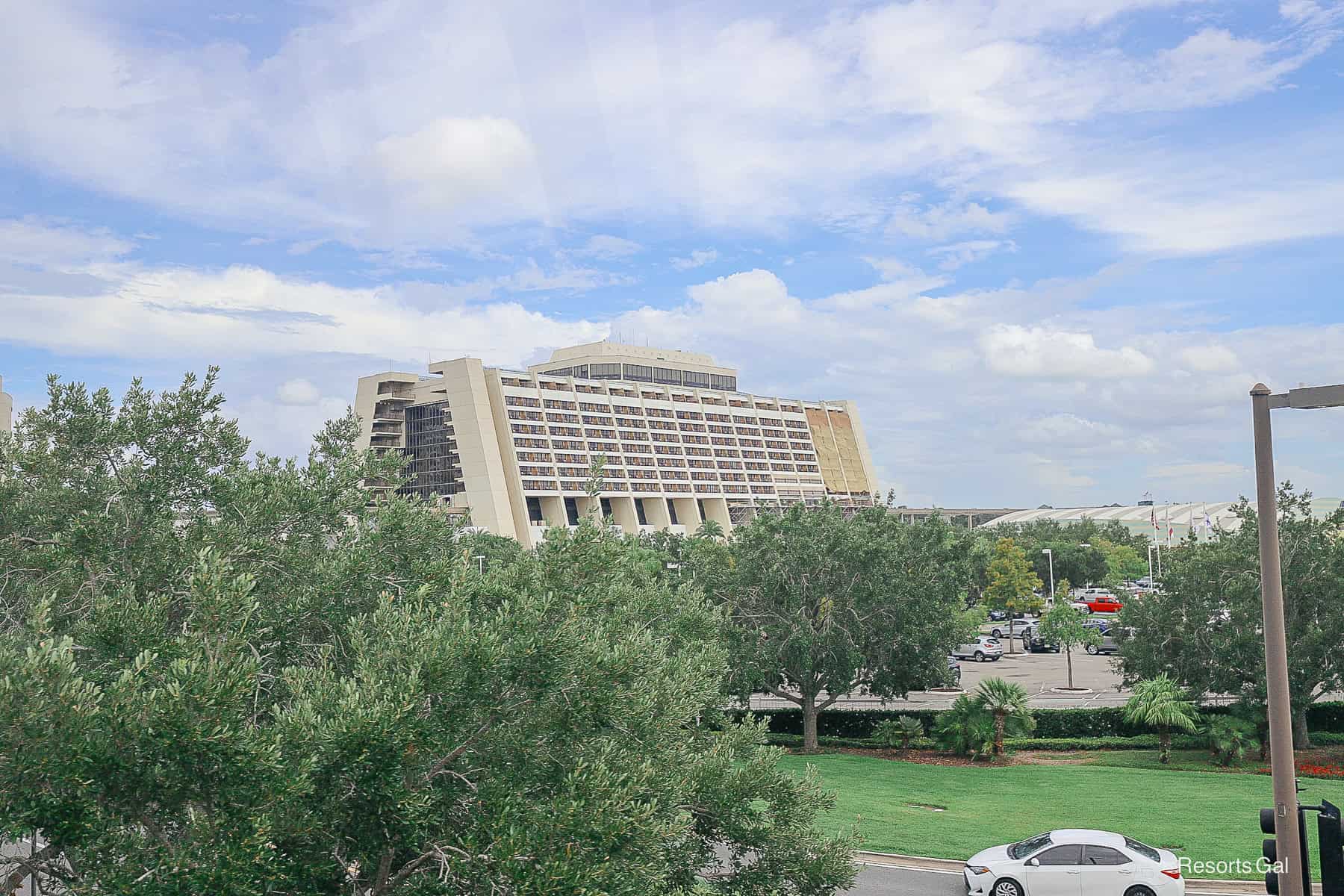 tarps covering the side of the Contemporary as seen from the monorail