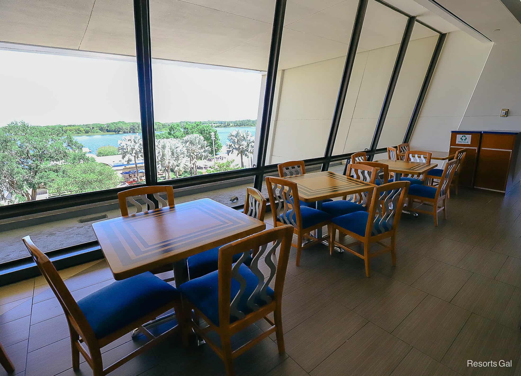 a favorite dining spot at Disney's Contemporary with windows that look out to Bay Lake 