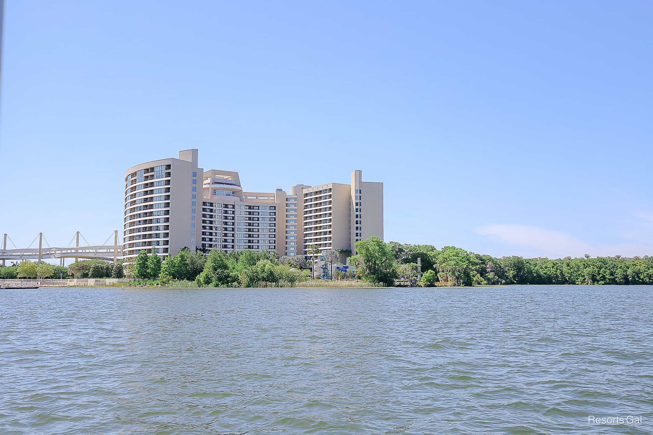 a view of Bay Lake Tower from Bay Lake 