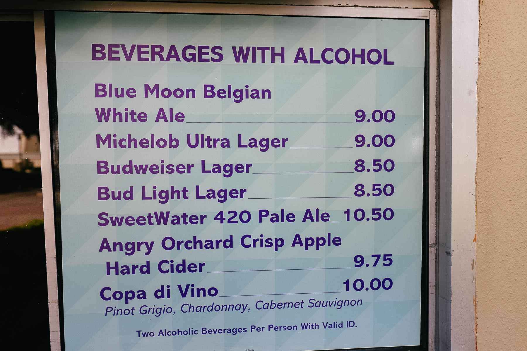 the Sand Bar pool bar beer and wine menu 