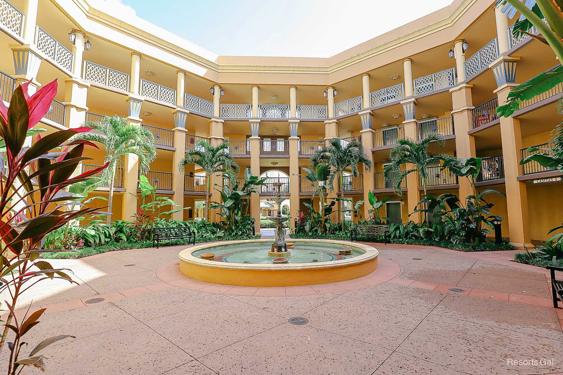 a fountain inside the Casitas 