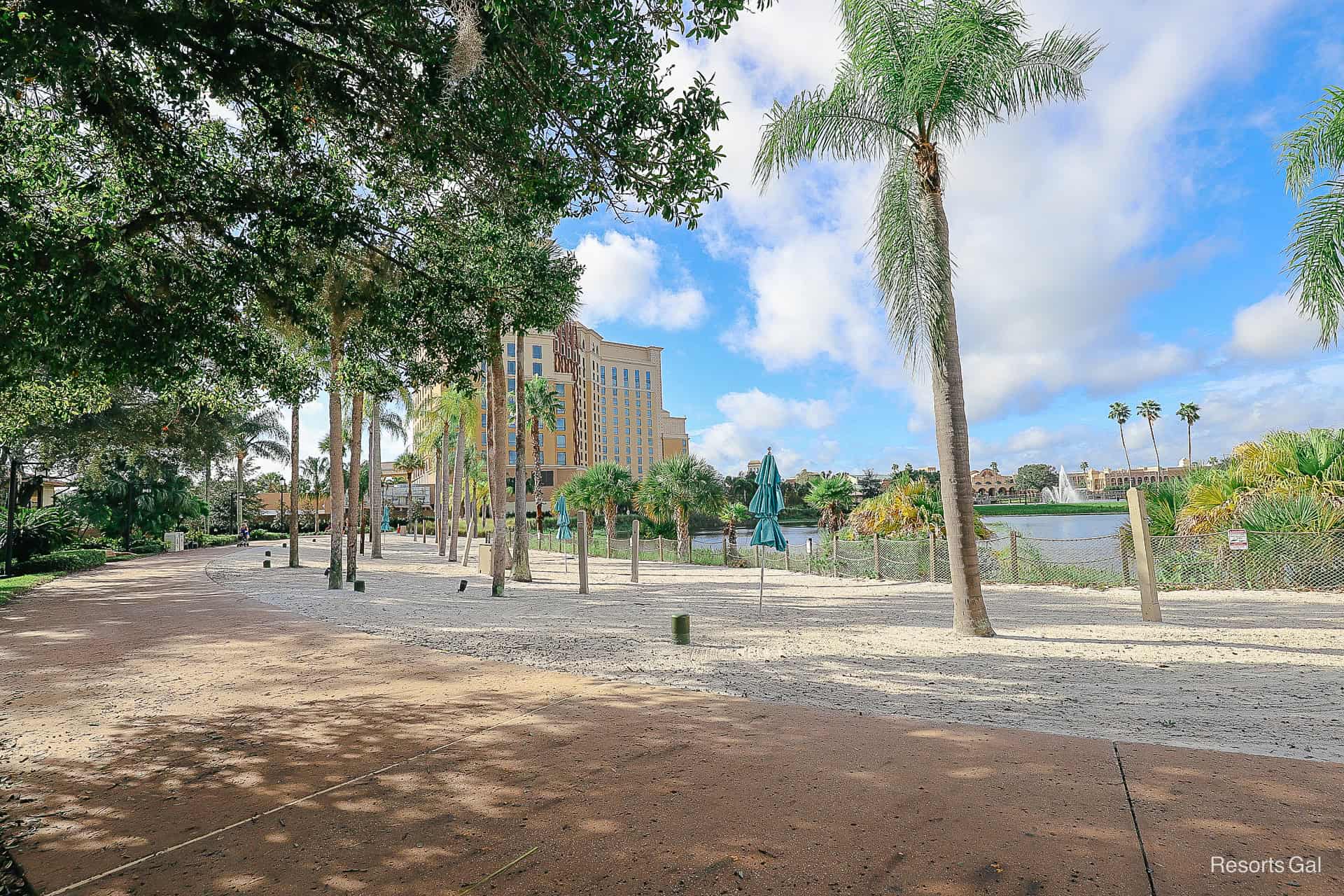 shows Gran Destino Tower in the distance from the Cabanas 
