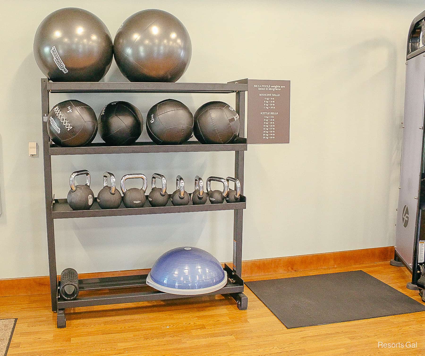 a shelf with various equipment and exercise balls 